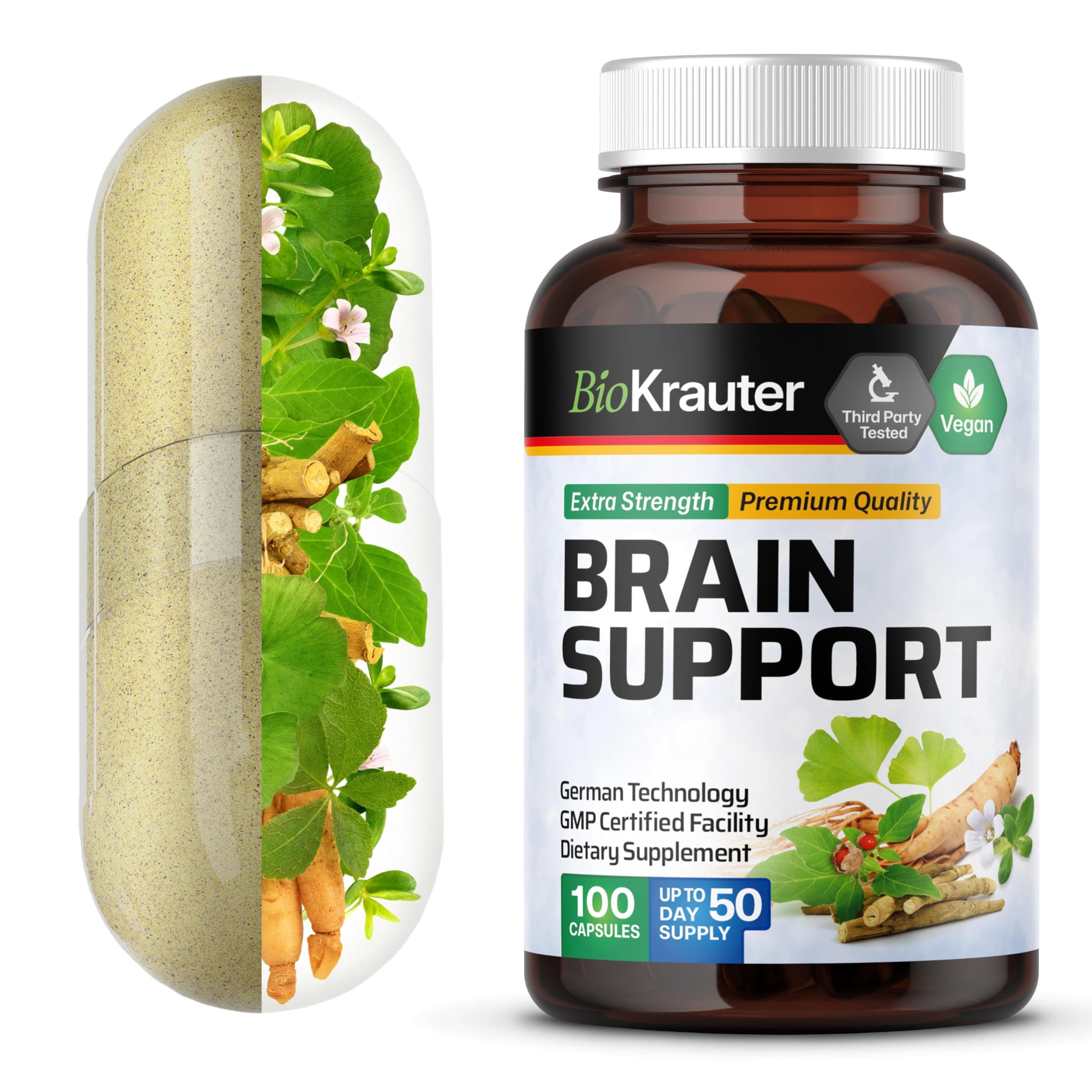 BIO KRAUTER® 4-in-1 Brain Supplements for Memory and Focus with Ginkgo Biloba, Ginseng, Bacopa Monnieri & Ashwagandha - Vegan Brain Health Supplements for Men & Women - 100 Capsules, 50-Day Supply