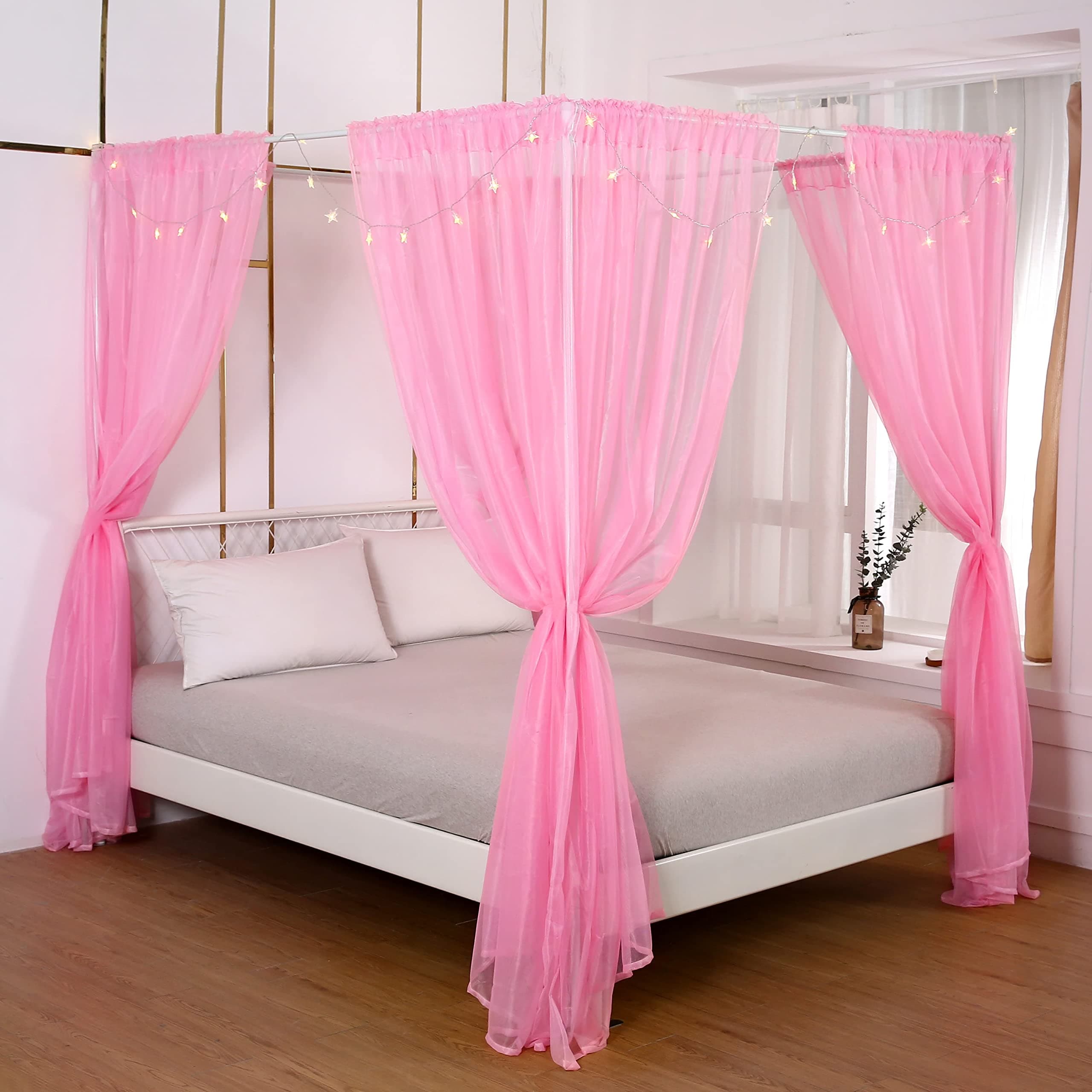Akiky Bed Canopy Panels with Light, 4 Corner Post Bed Curtain Canopy for Girls Boys Adults,Home Decoration Set of 8 Panels (Twin, Pink)