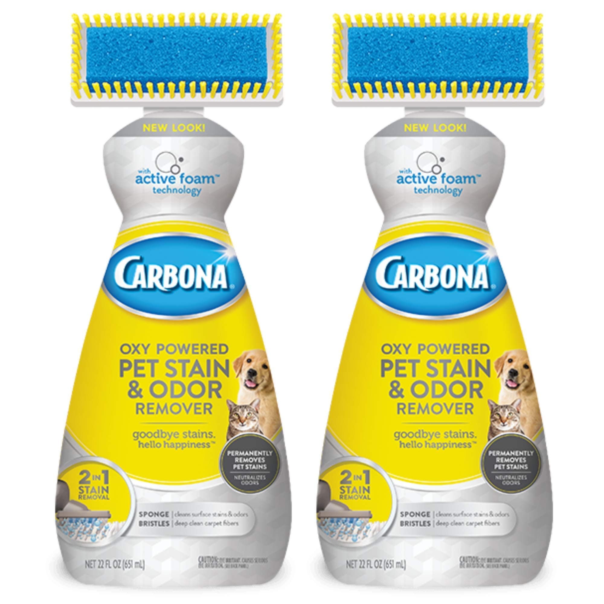 Carbona 2-in-1 Oxy-Powered Pet Stain & Odor Remover with Active Foam Technology | Sponge & Bristle Brush Head | Stain Fighting Spot Removal Formula | 27.5 Fl Oz, 2 Pack