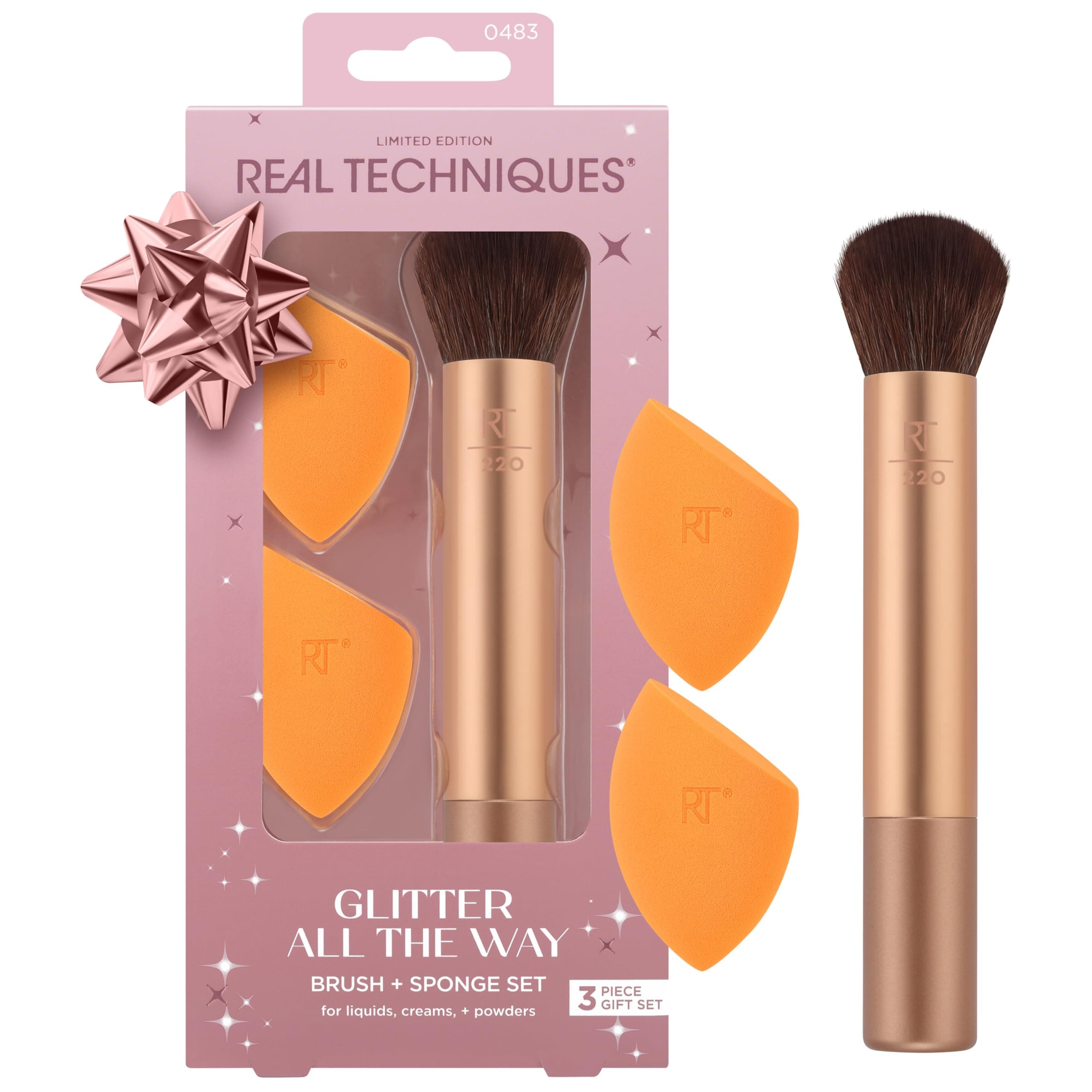 Real Techniques Glitter All The Way Brush + Sponge 3 Piece Holiday Gift Set, Makeup Sponges & Makeup Brush For Liquid & Cream Foundation, Contour, & Blush, Stocking Stuffer, Limited Edition