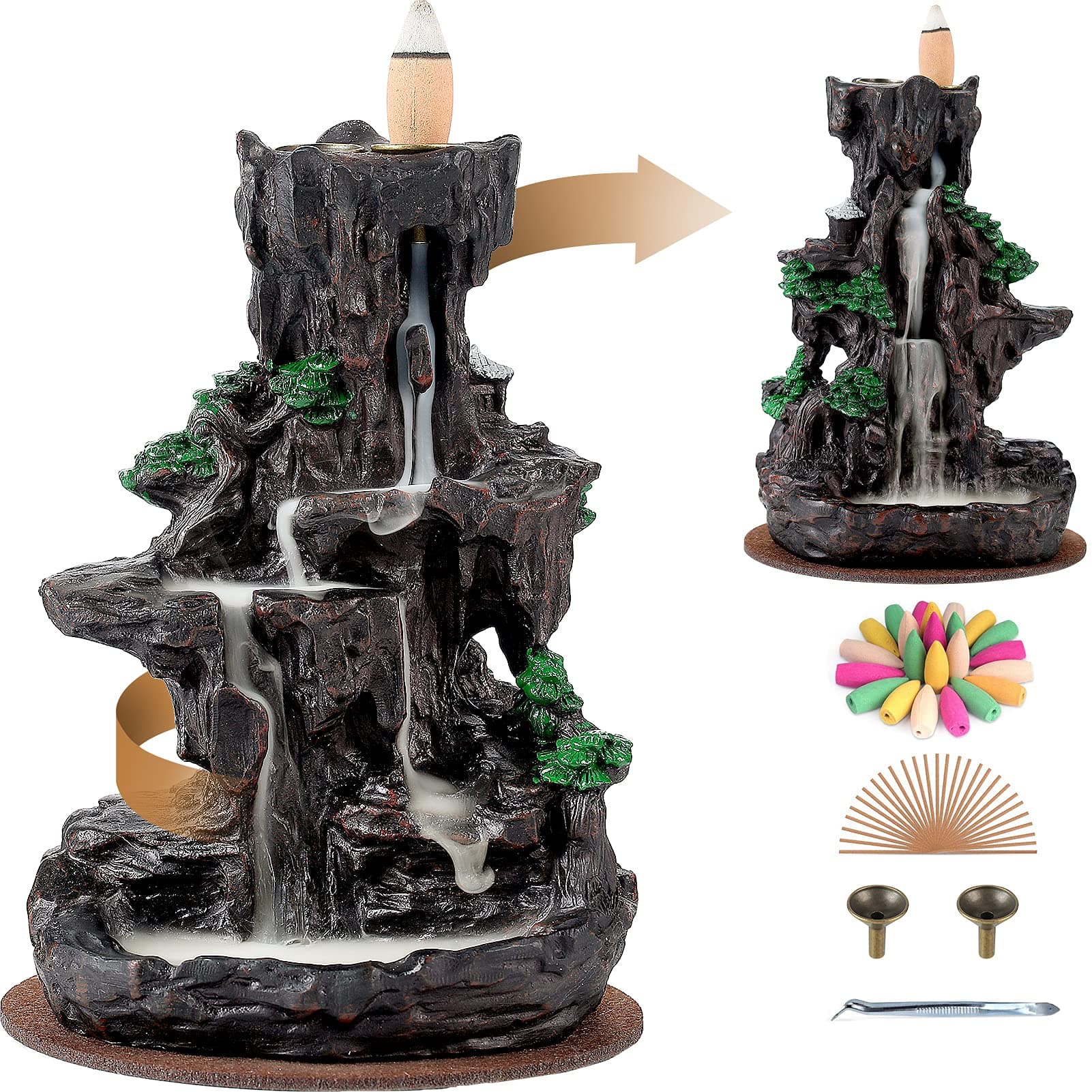 Ronlap Dual Sided Incense Burner, Resin River Tower Backflow Incense Holder, Cool Aromatherapy Incense Fountain Smoke Mountain Waterfall with 120 Upgraded Incense Cones+30 Incense Sticks