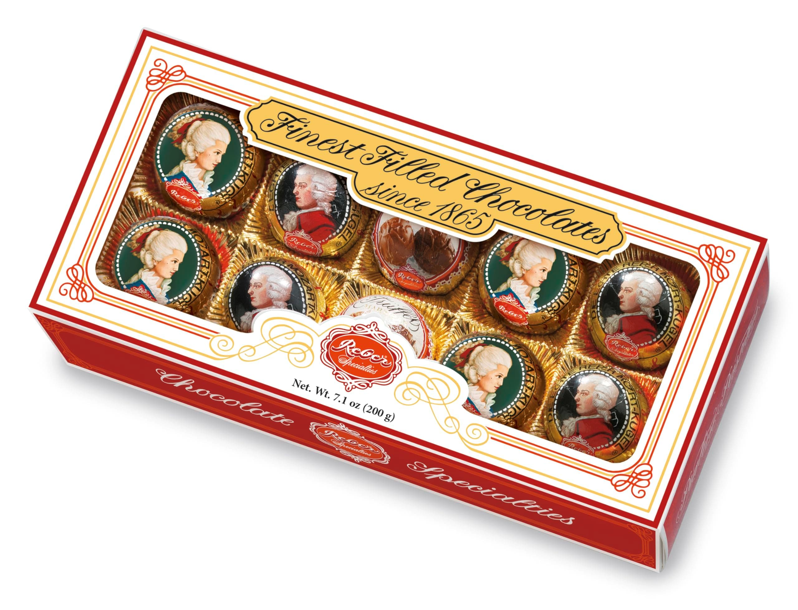 REBER Mozart, Constanze & Truffle Kugeln Assorted Chocolates - Gourmet Pistachio & Almond Marzipan, Hazelnut Praline, Dark & Milk Chocolate | 10 Piece Gift Box