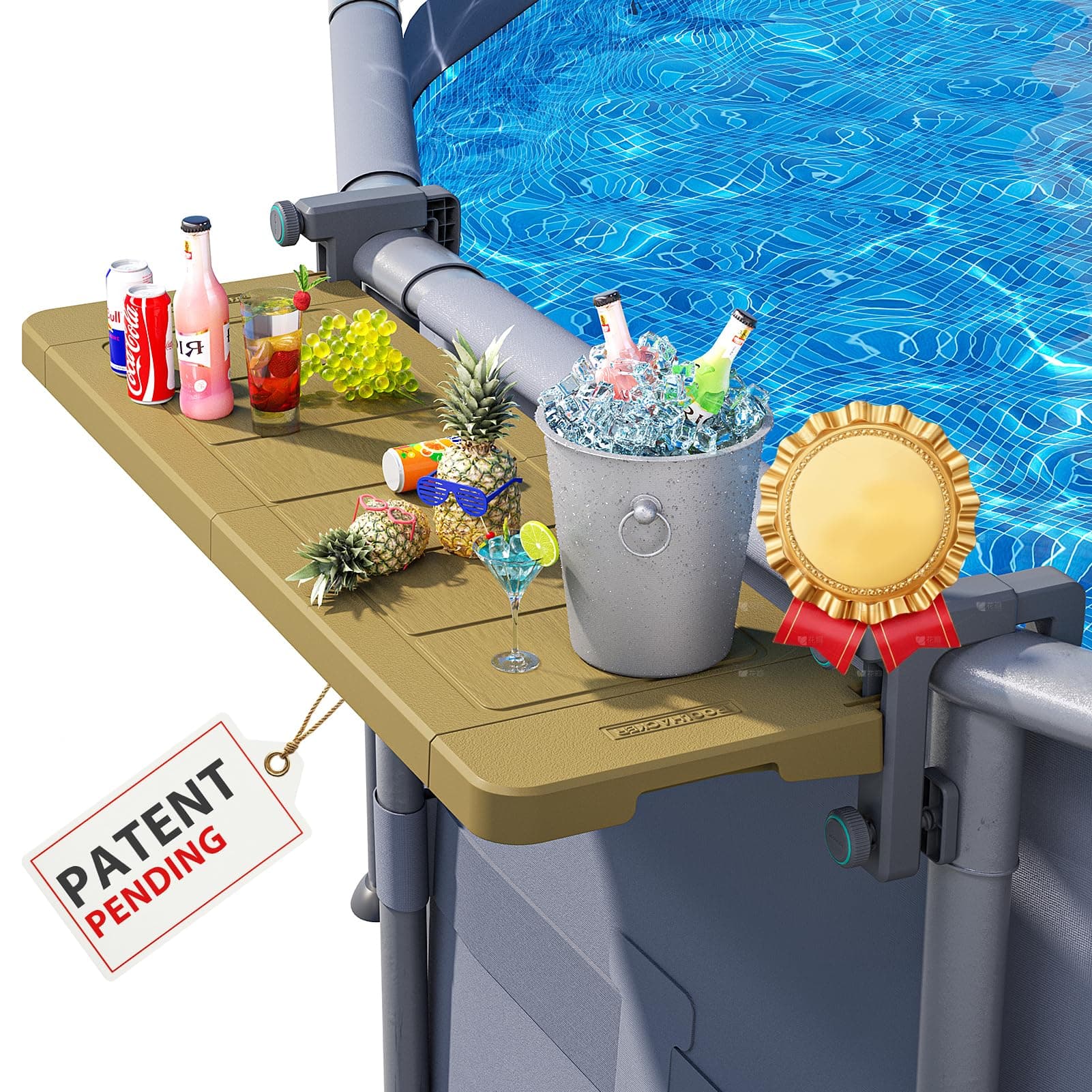 POOLHACKER Poolside Bar, [Original] Swim Up Bar Exclusively for Above-Ground Round Pools. Patio Poolside Table Smart Fold Easy Maintenance, Weather Resistant Stable Tabletop (Amber Brown)