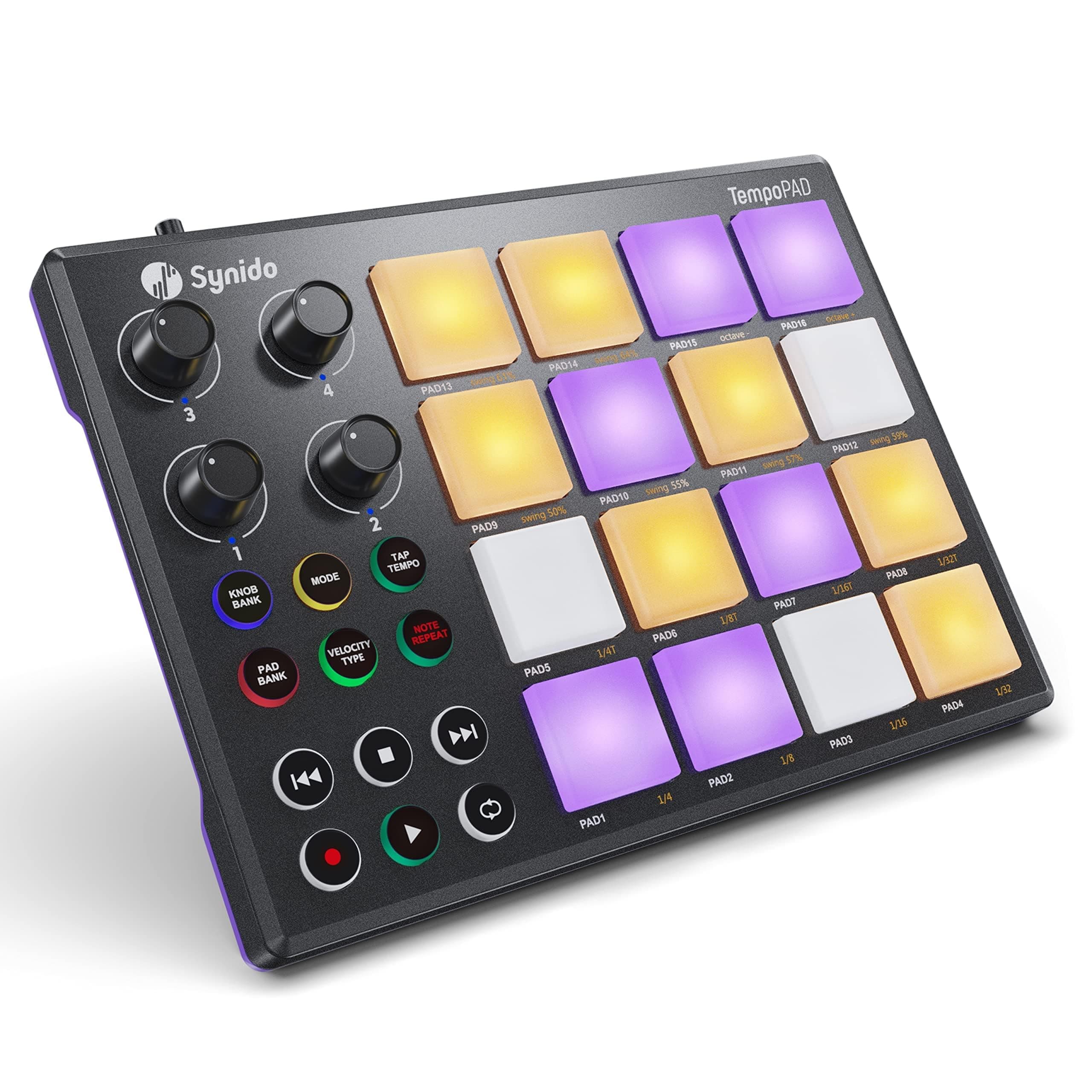 Synido Beat Maker Machine with 16 RGB Backlit Beat Pads, TempoPAD USB Portable MIDI Drum Pad Controller, 4 Assignable Knobs, for Beginner Music Production, Black