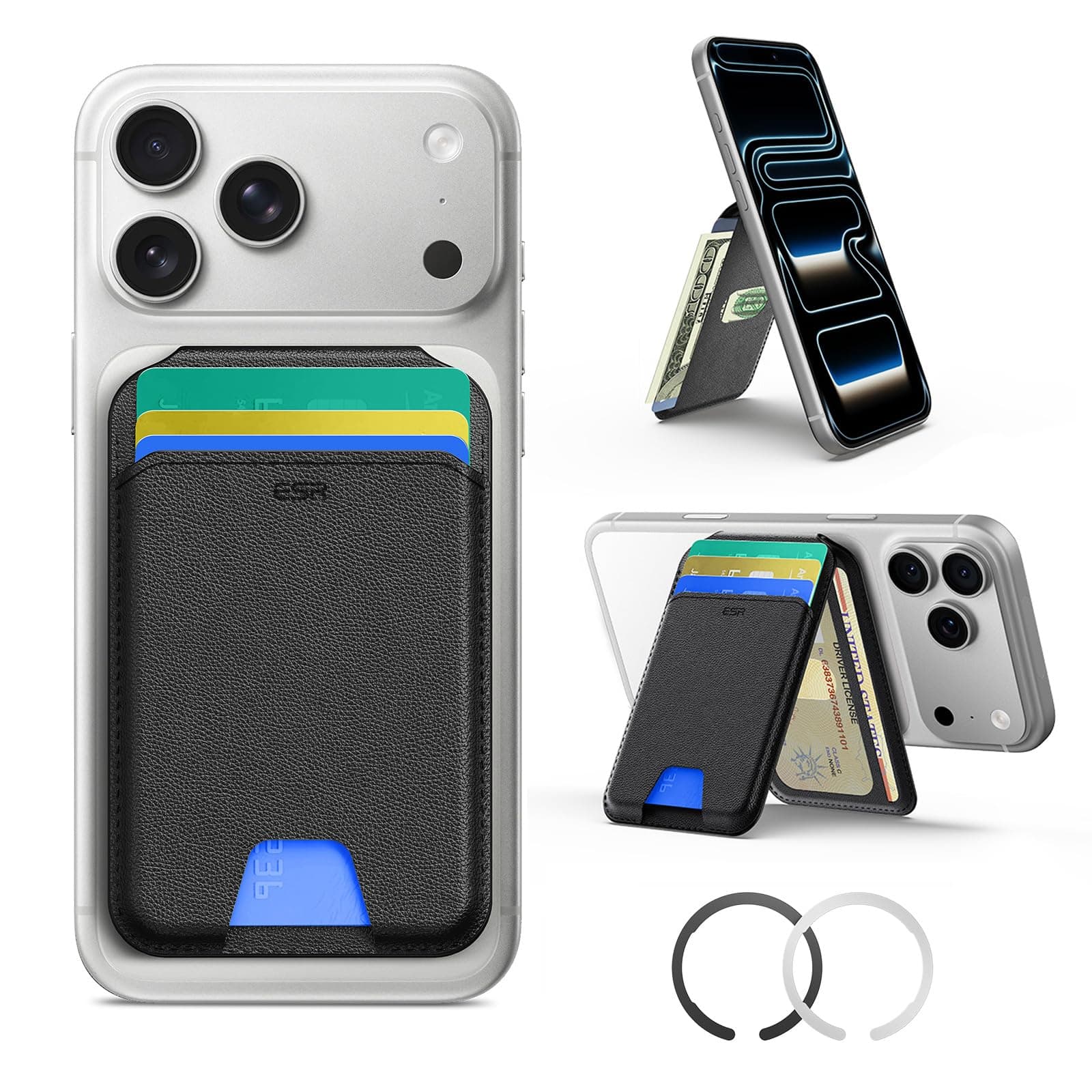 ESR for MagSafe Wallet with Stand, RFID Blocking, MagSafe Ring Included, 5 Cards Holder for Phone Case, Slim Magnetic Wallet for iPhone 17e/17/16/15/14/13/12 (Not for mini), Selected Samsung, Black