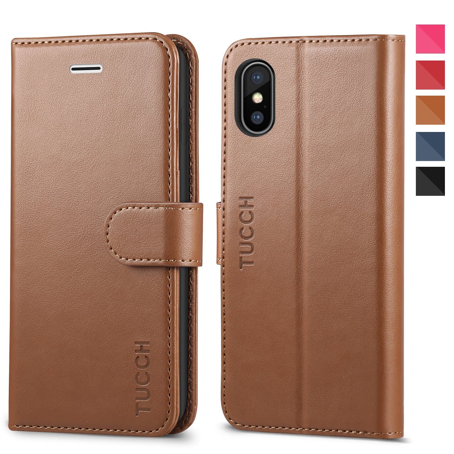 iPhone X Wallet Case, iPhone 10 Leather Case, TUCCH Premium PU Folio Case [Kickstand] [Card Slots] [Magnetic Closure] [TPU Interior Case] Flip Notebook Cover Compatible iPhone X, Brown