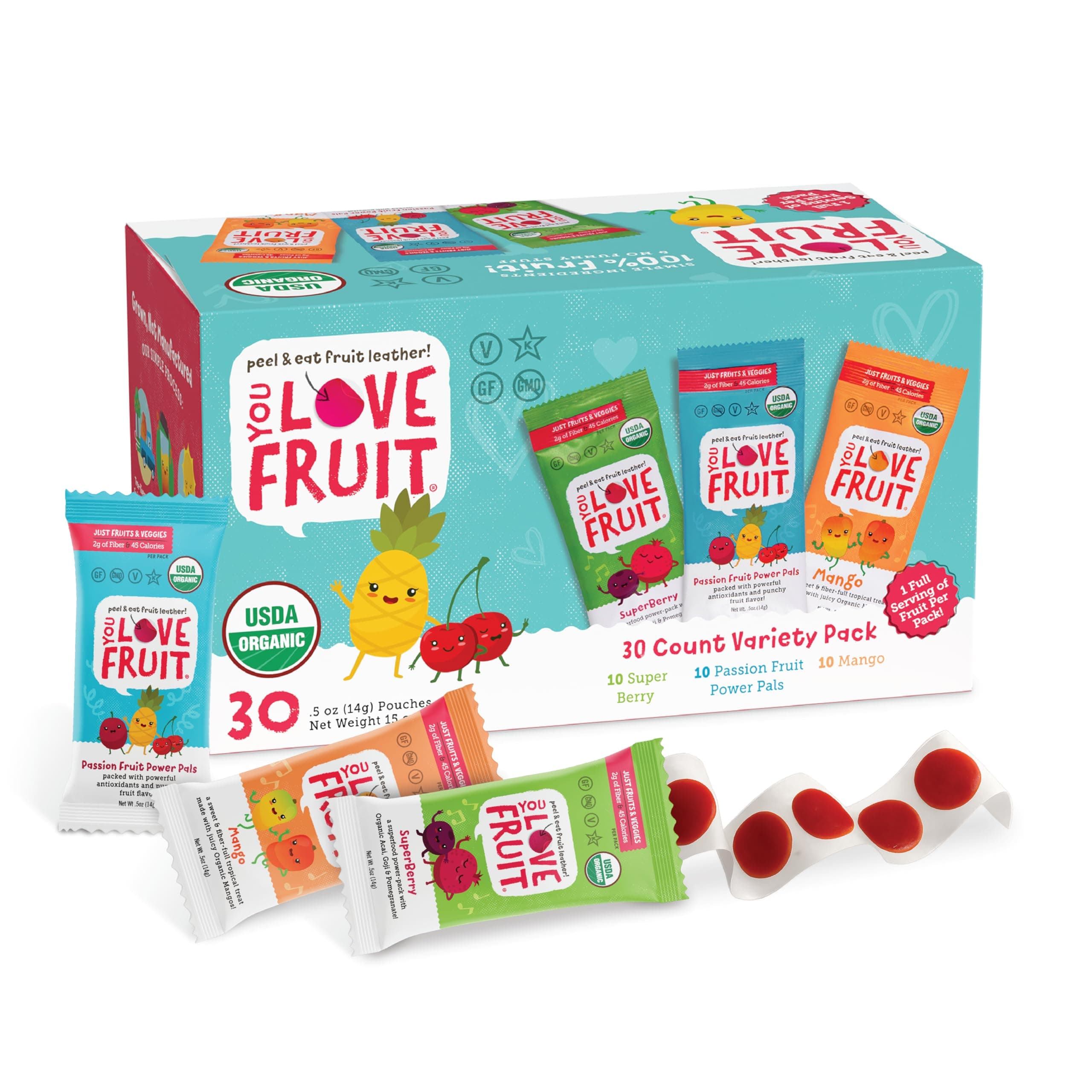 YOU LOVE FRUIT - Fruit Snacks Variety Pack 30 count, 100% Natural Gluten-Free, Vegan, Low Carb, Low Fat Fruit Kosher Snacks for Kids, College Students, Teachers and Offices, Healthy Fruit Snacks (passion fruit, super berry, mango)