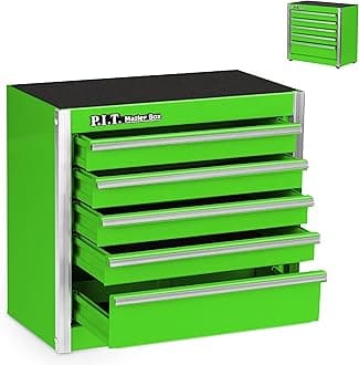 P.I.T. Mini Green Tool Box, Portable 5-Drawer Micro Roll Cab Steel Tool Box with Liner, Green Small Tool Case for Tools Storage, Home DIY