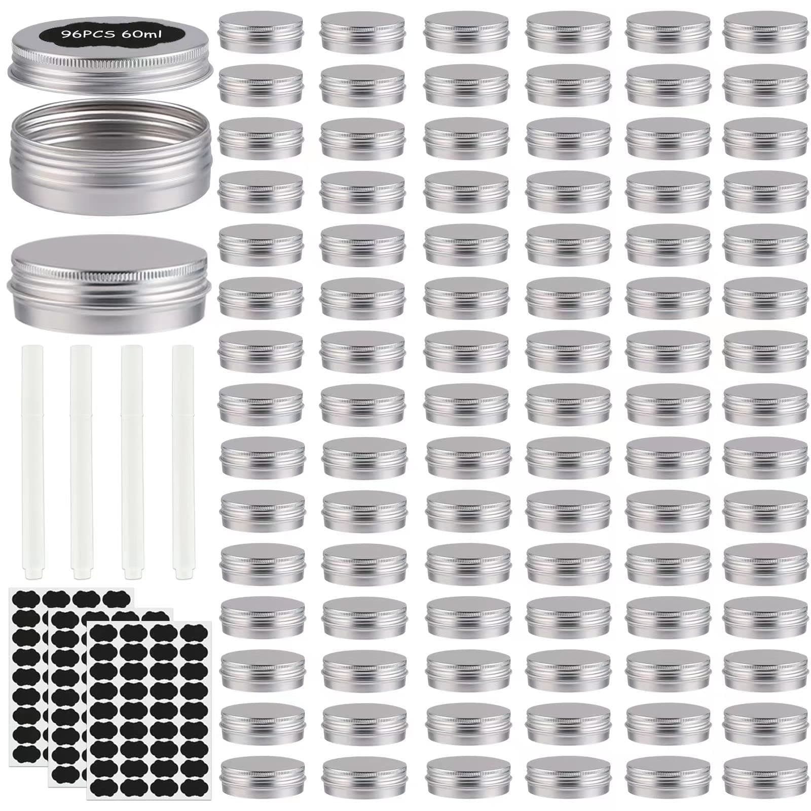 OBKJJ 96 Pack Round Cans with Screw Lid 2 Oz Aluminum Metal Tins DIY Food Candle Containers for Lotion Bars, Balms, Salve, Spices, Beard Balm, Crafts with 4 Markers 3 Sheets Label Stickers (Silver)