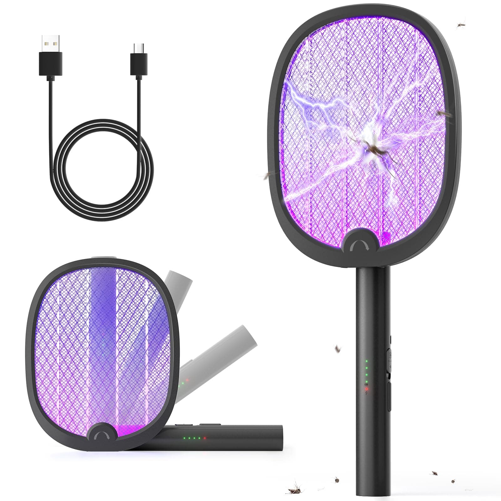 YISSVIC Electric Fly Swatter Foldable Bug Zapper Racket 2 in 1 Mosquito Killer with Purple Attractant Light Rechargeable 1800mAh for Indoor Home Backyard Patio Camping