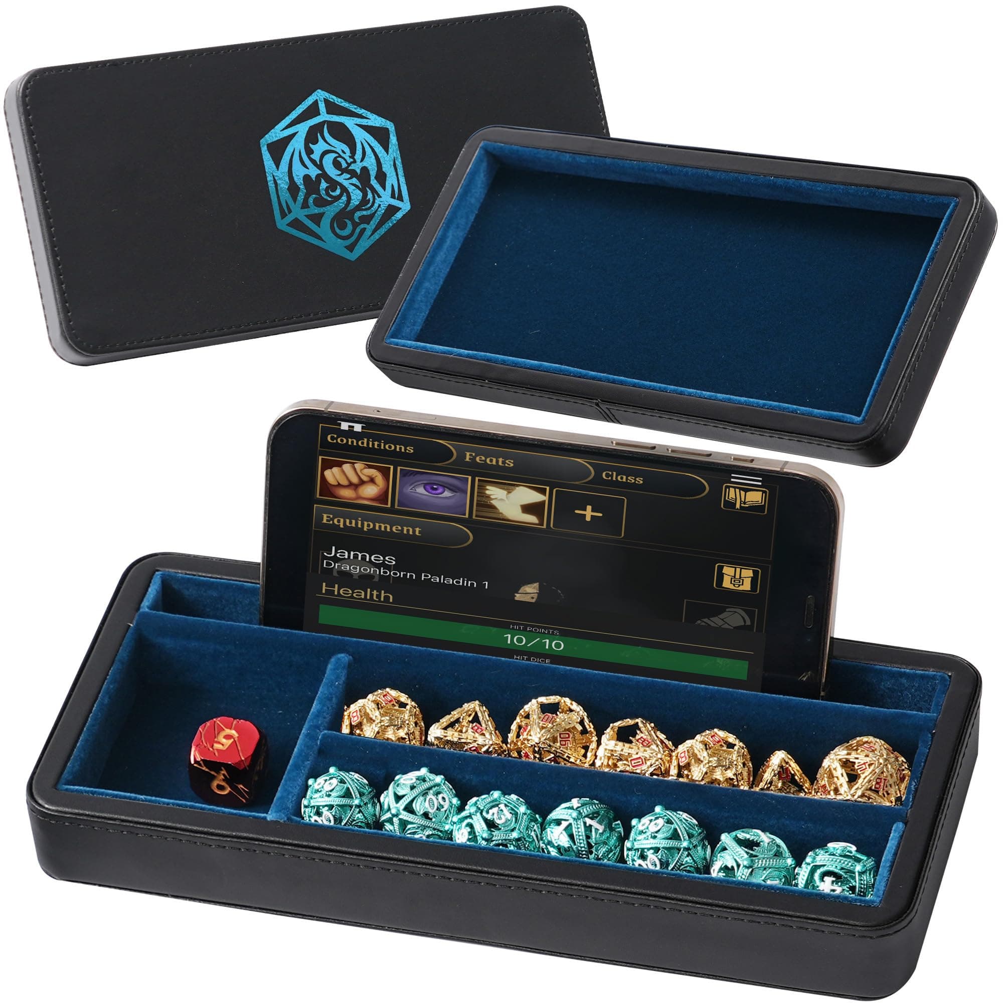 Soar Forge Sanctum Dice Box - Premium Case & Dice Tray for DND - Phone/Pen Slot, Magnetic Lid and Storage for your Sets, Mini's and More - Felt-Lined Vault Holder for D&D and RPG (Blue)