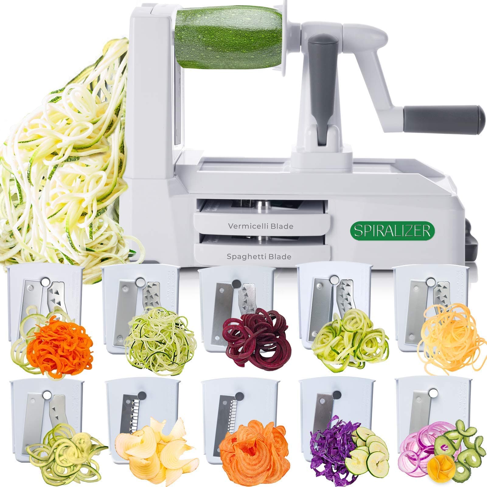 Spiralizer Ultimate Only 7-Blade Vegetable Slicer,Veggie Pasta Spaghetti Maker With 3 Exclusive Recipe E-Books Strongest Heaviest Duty For Healthy Low Carb/Paleo - Stainless Steel, White