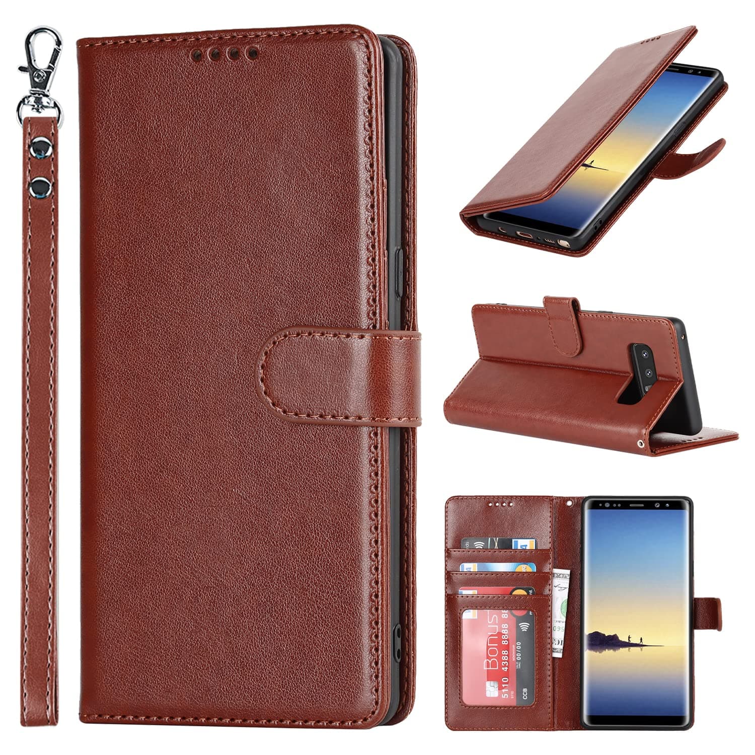 SailorTech Samsung Galaxy Note 8 Wallet Case, Premium PU Leather Case Flip Cases Folio Cover with Kickstand TPU Shockproof Card Slots Holder Magnetic Buckle Phone Protective Case - Dark Brown