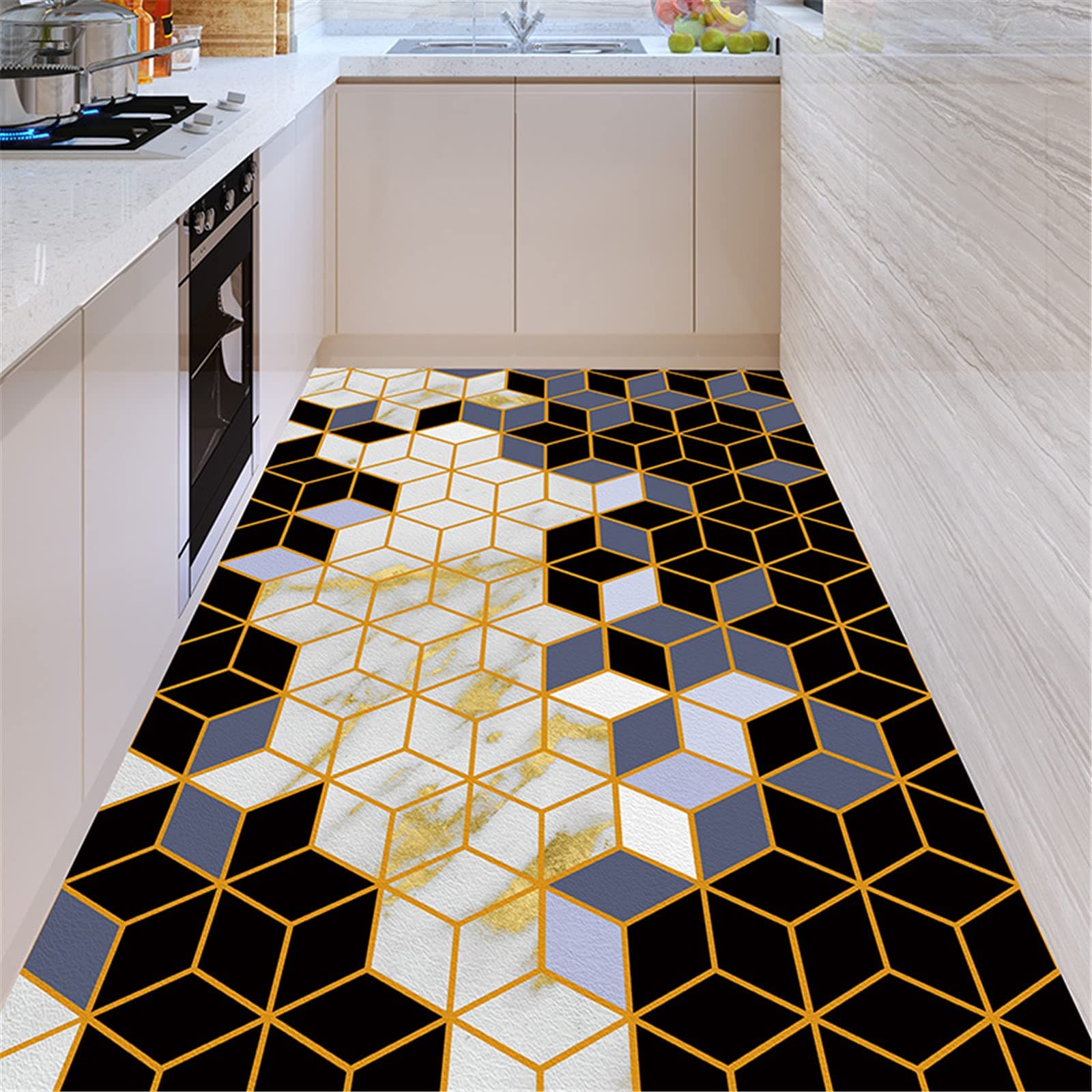 Modern Kitchen Rugs, Geometric Patterns Non Slip Leather Floor Mats, PVC Waterproof Outdoor Carpet, for Home Bedroom Living Room Bath Area Rugs, Customizable,100x800cm