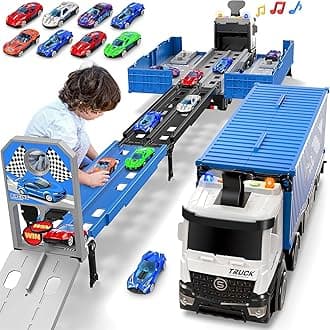 Carrier Truck for 3 4 5 6 Year Old kids with Foldable Track, 8 Die-Cast Metal Small Race Cars, Foldable 3 Layer Car Race Track Playset, Toy Truck Play Set for Boys Girls Gift (Blue)