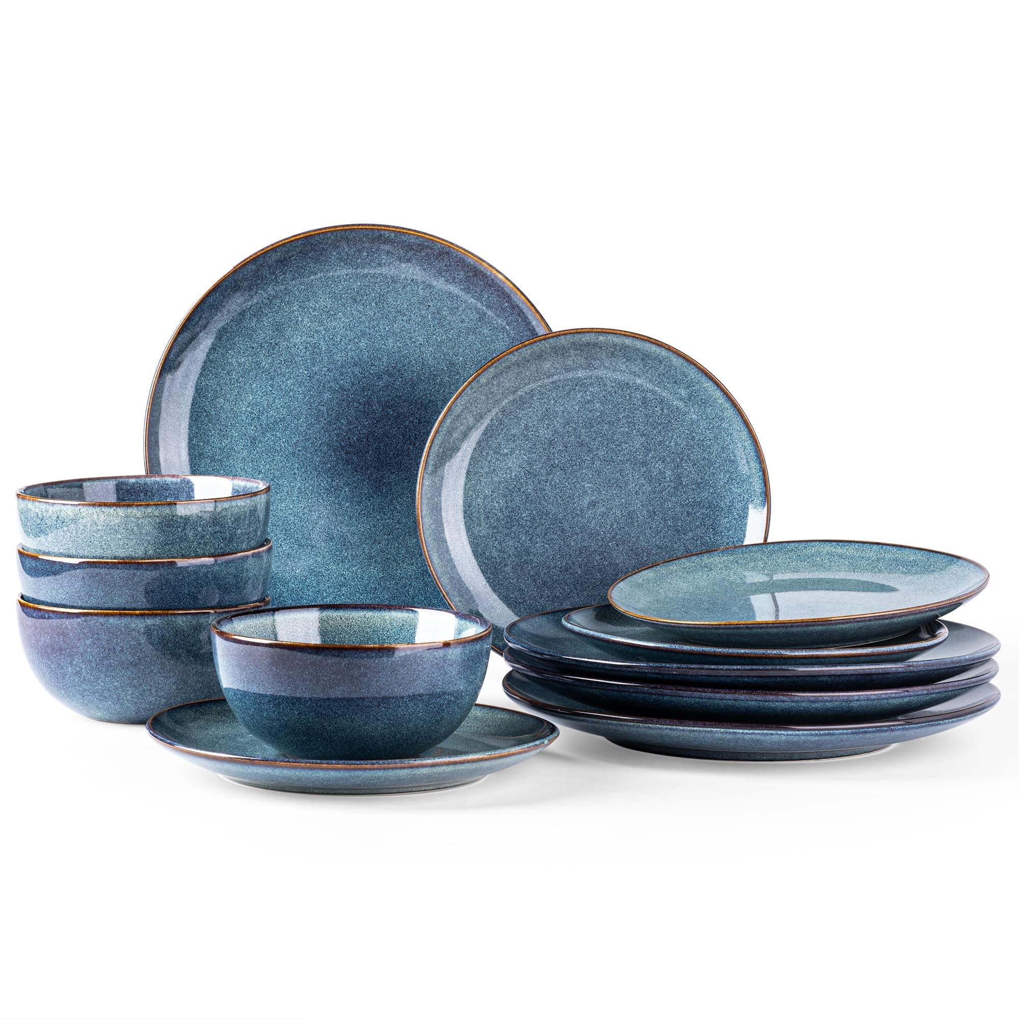 AmorArc Ceramic Dinnerware Sets for 4, 12 Pieces Handpainted Plates and Bowls Set, Scratch Resistant Stoneware Dishes Set, Dishwasher & Microwave Safe, Ceylon Blue