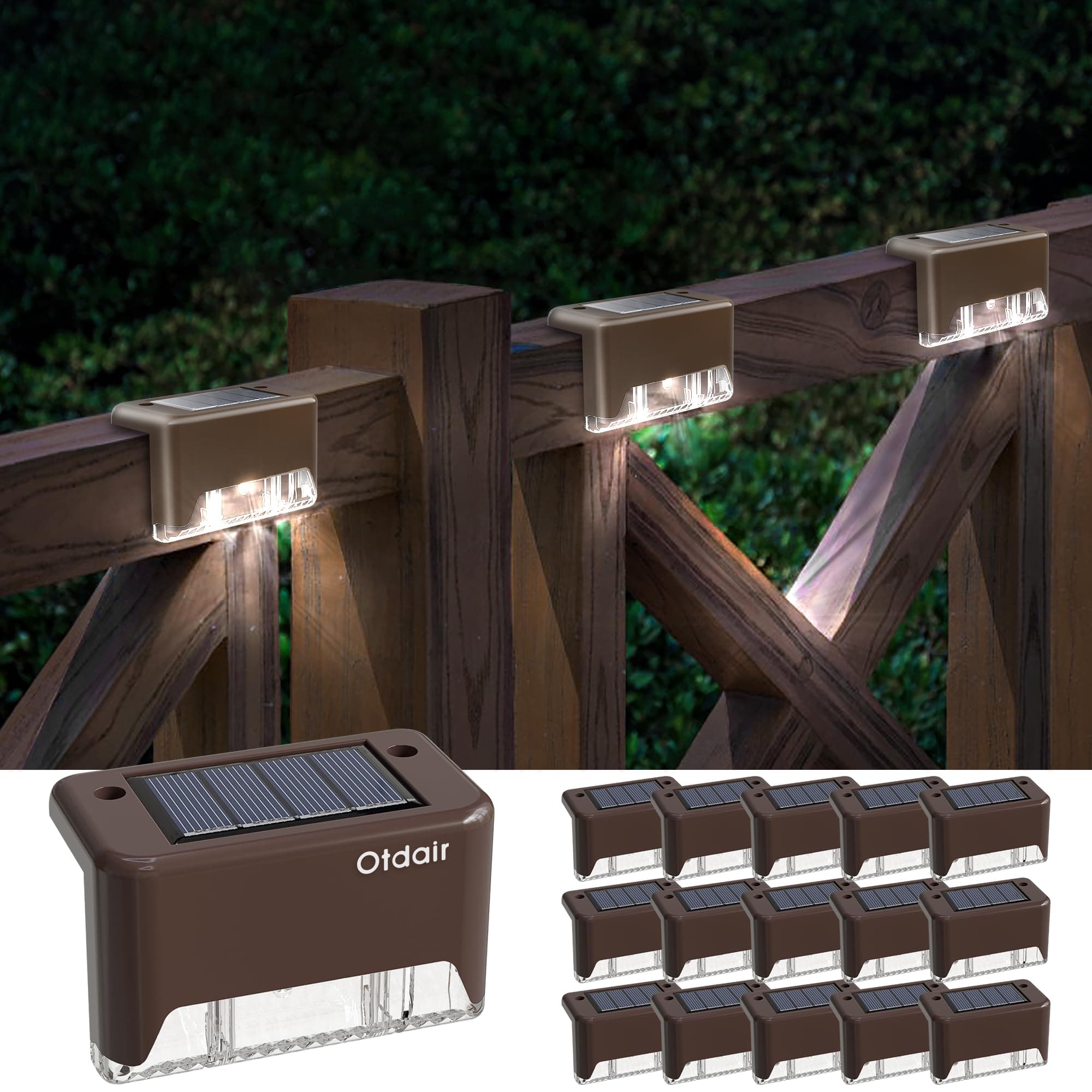 Otdair Solar Deck Lights - 16 Waterproof LED Solar Step Lights for Deck, Stairs, Yard, Patio, and Pathway (Cold White)
