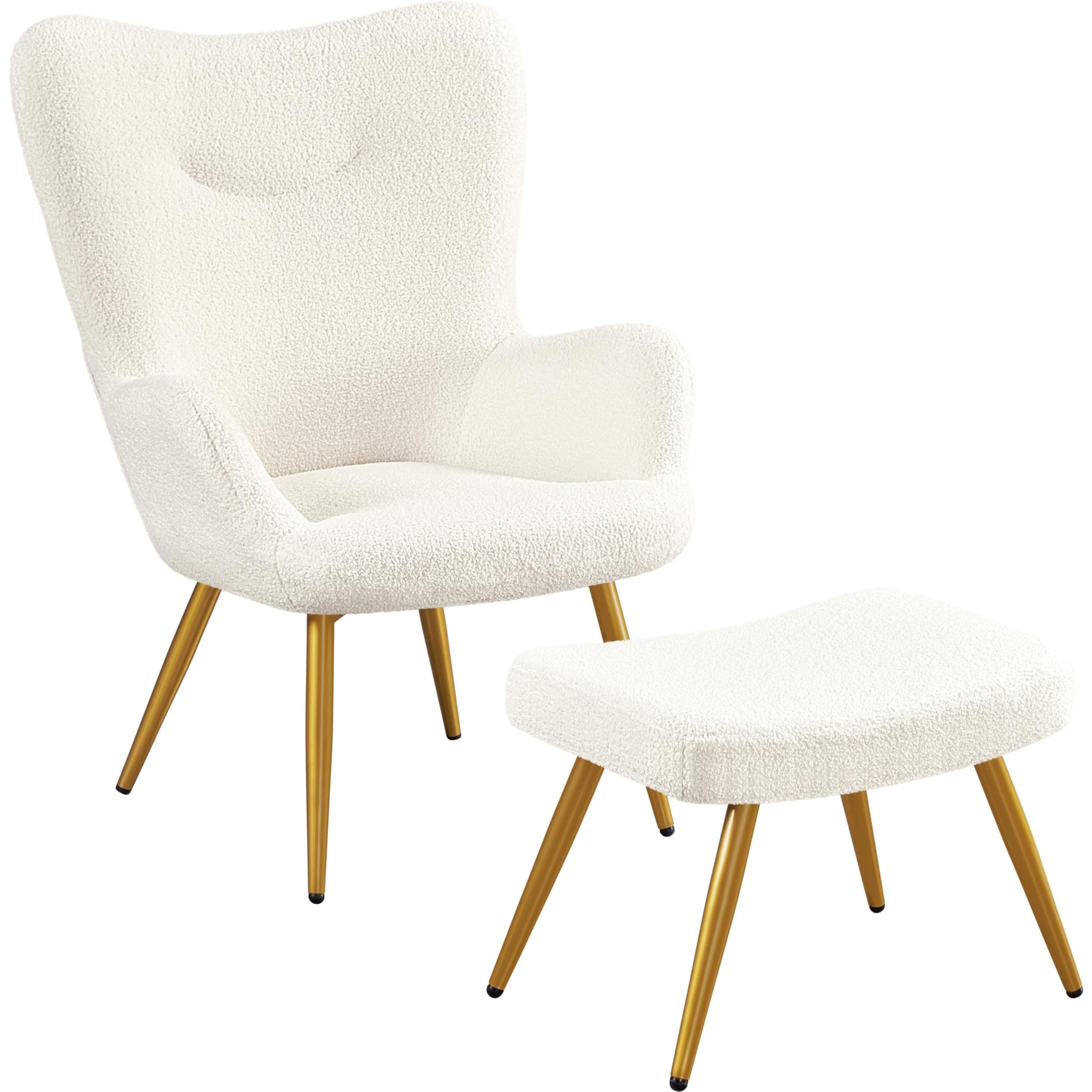 Yaheetech Boucle Tub Chair with Ottoman, Sherpa Fuzzy Armchair, Lounge Chair with High Back and Footstool for Living Room, Bedroom, Study, Ivory