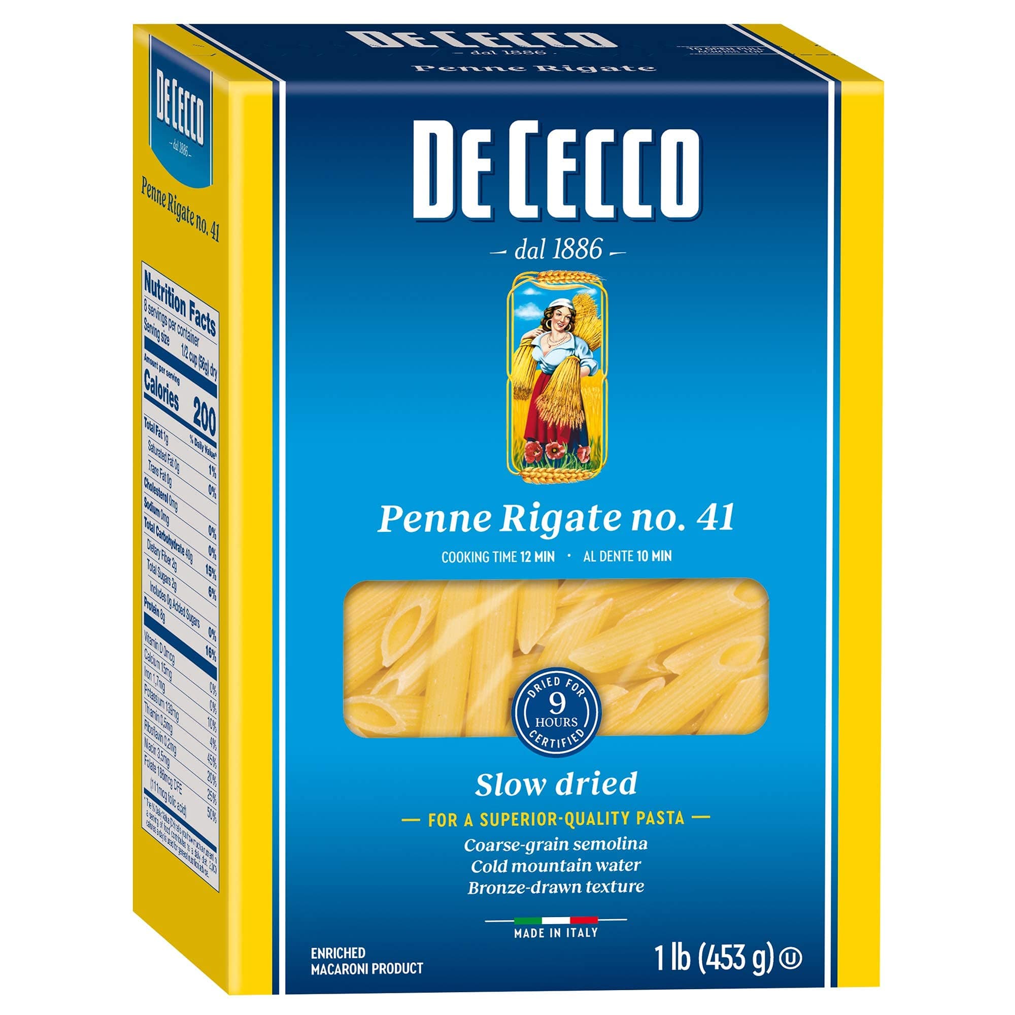 De Cecco Penne Rigate No. 41 Pasta, 16 Oz, Authentic, Slow Dried, Made with Durum Wheat, Versatile Pasta for Sauces & Recipes, Made in Italy