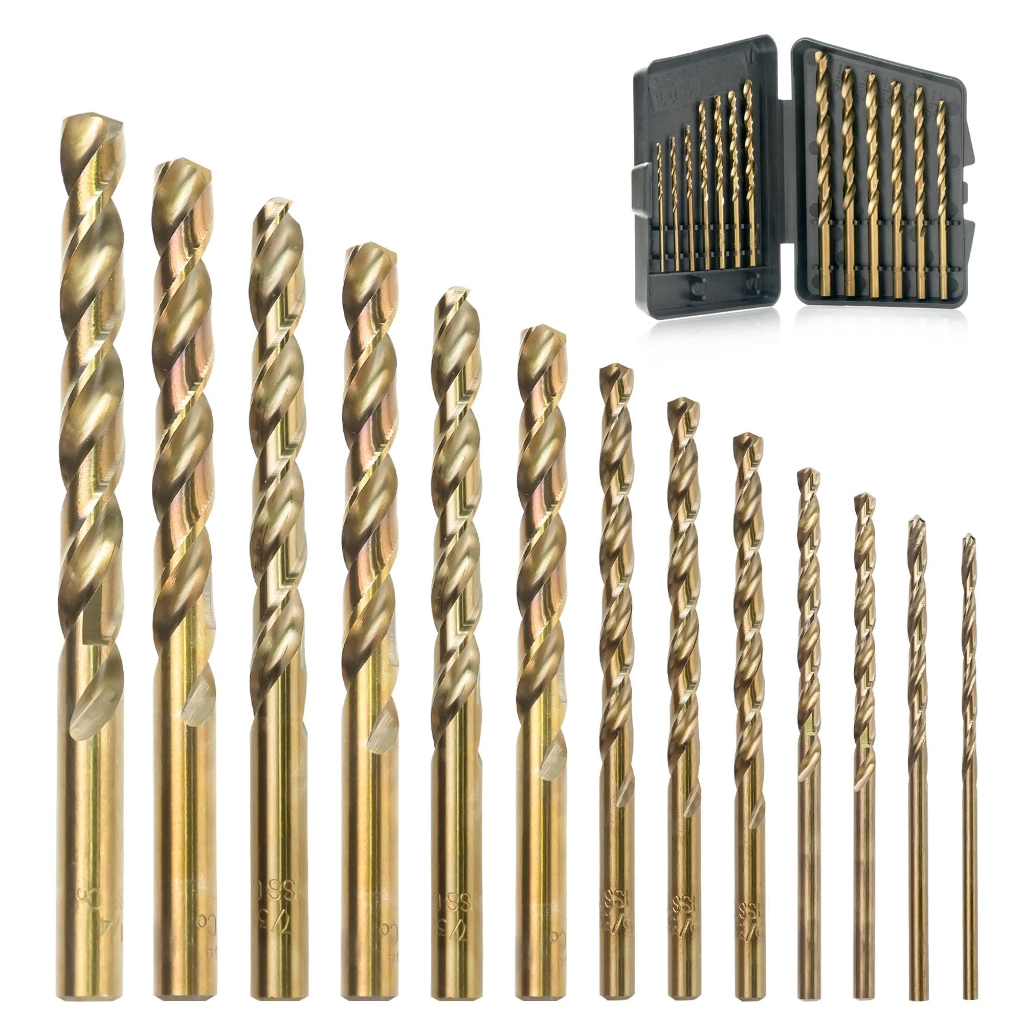 13Pcs Cobalt Drill Bits Set, M35 HSS 135 Degree Tip, Twist Jobber Length Drill Bit Kit for Hardened Metal, Cast Iron, Stainless Steel, Plastic and Wood with Storage Case 1/16"-1/4"
