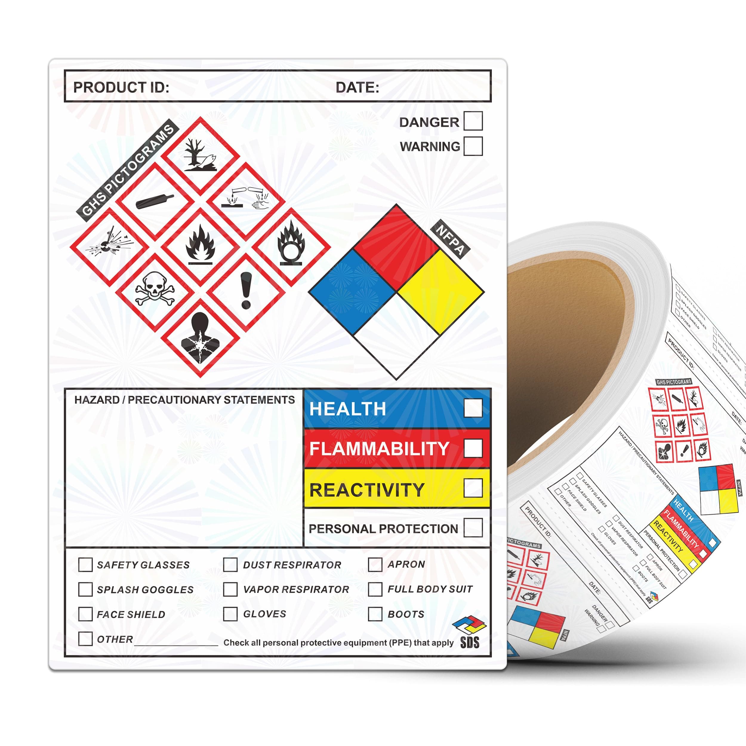 SDS OSHA Data Labels 4 x 3 Inches, Roll of 250 Stickers for Chemical Safety, GHS Pictograms & Perforated Edges, HMIS & Hazard Compliant, Secondary Containers