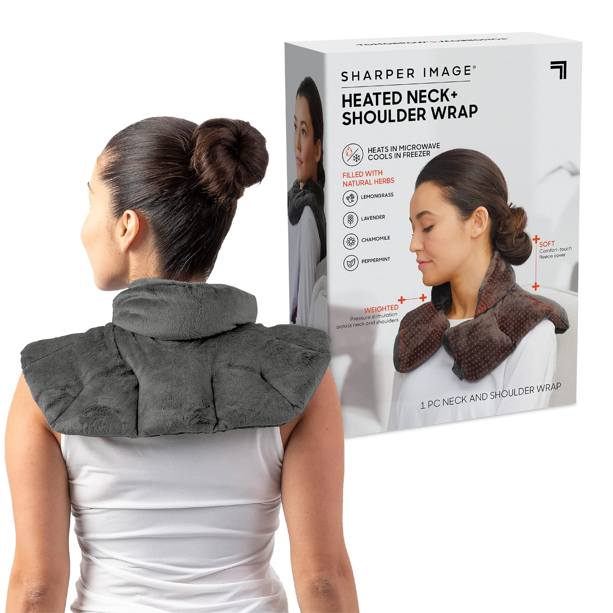 Sharper Image Heated Neck & Shoulder Wrap - Microwavable Warm & Cooling Plush Pad, Scented Aromatherapy (100% Natural Lavender & Herb Spa Blend), Pain Tension Headache Relief Therapy, Gift for Women