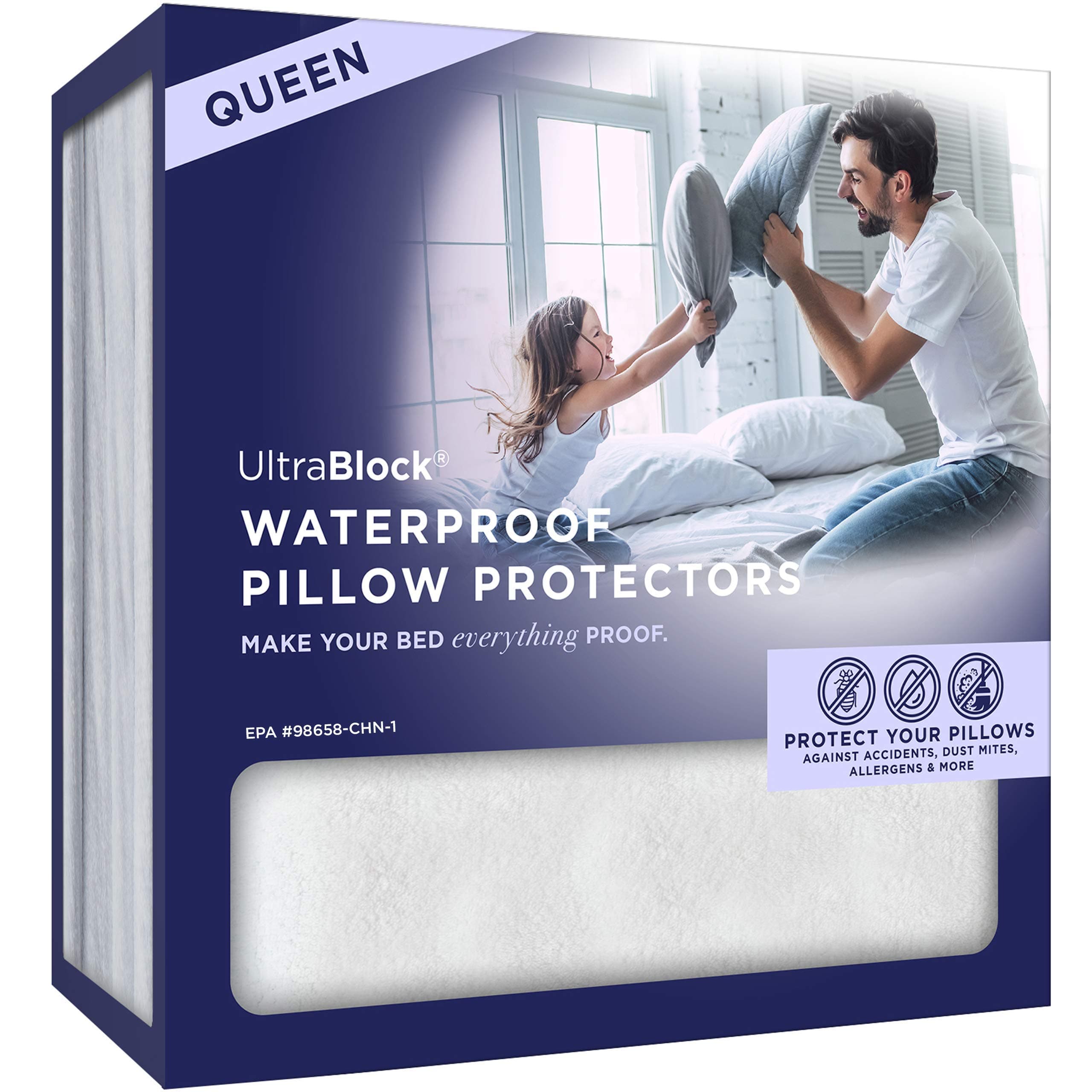 UltraBlock Queen Size Waterproof Pillow Protector (2 Pack) – Zippered Terry Cotton Pillow Cover