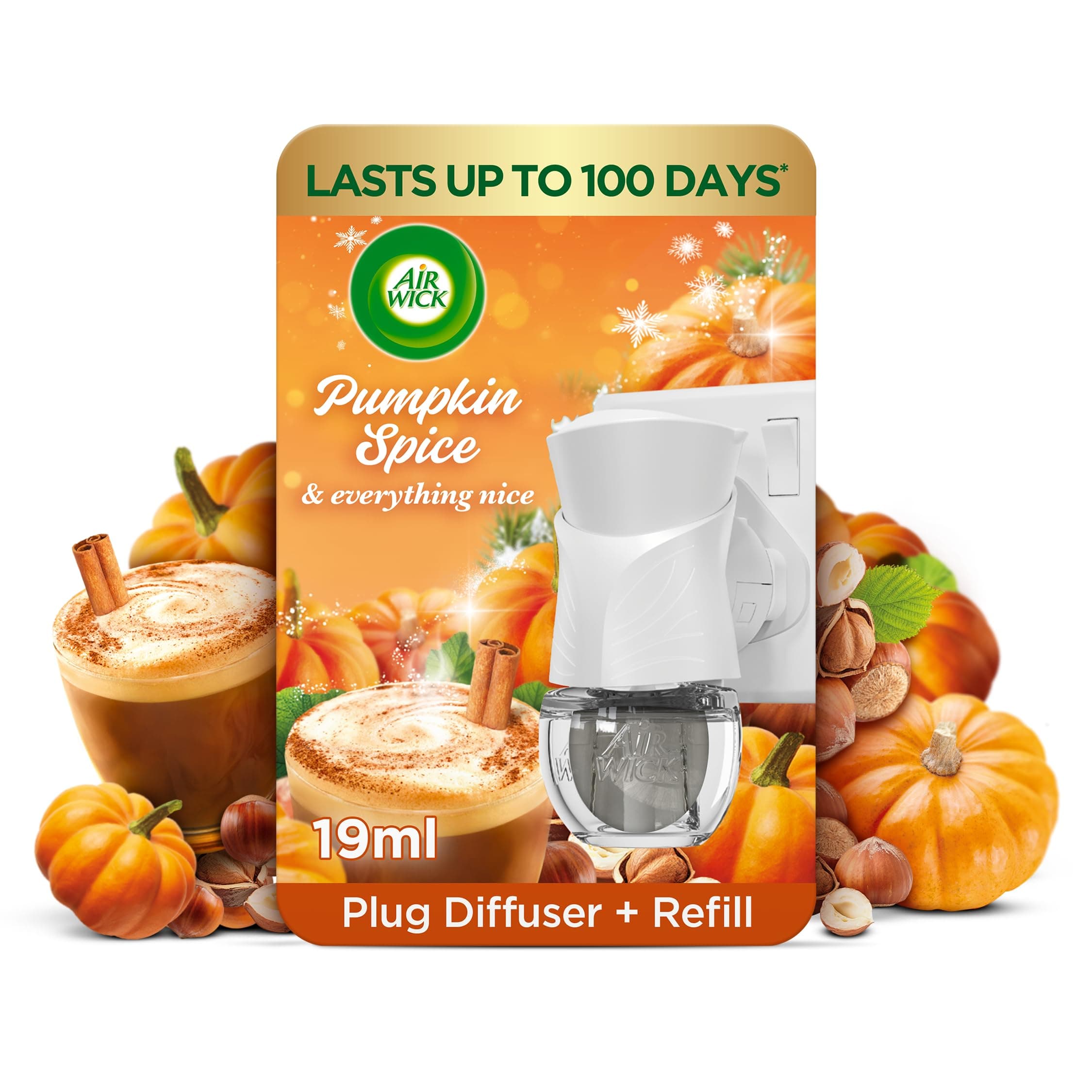 Air Wick Plug in Diffuser Kit, Pumpkin & Winter Spice, 1 Device & 1 Refill (19 ml), Long Lasting Fragrance, Lasts up to 100 days, Plug in Air freshener