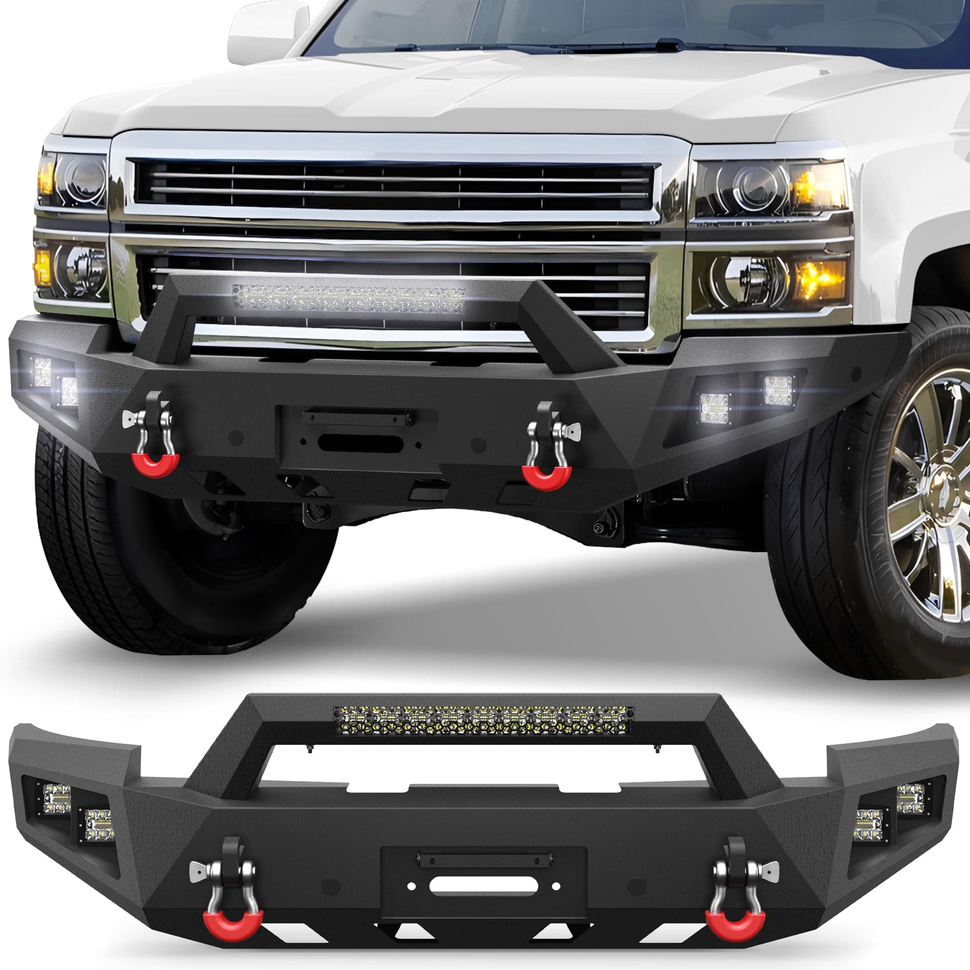 Silverado 1500 Front Bumper for 2014 2015 Chevy Silverado 1500 Pickup, Include Winch Plate, LED Lights and D-rings