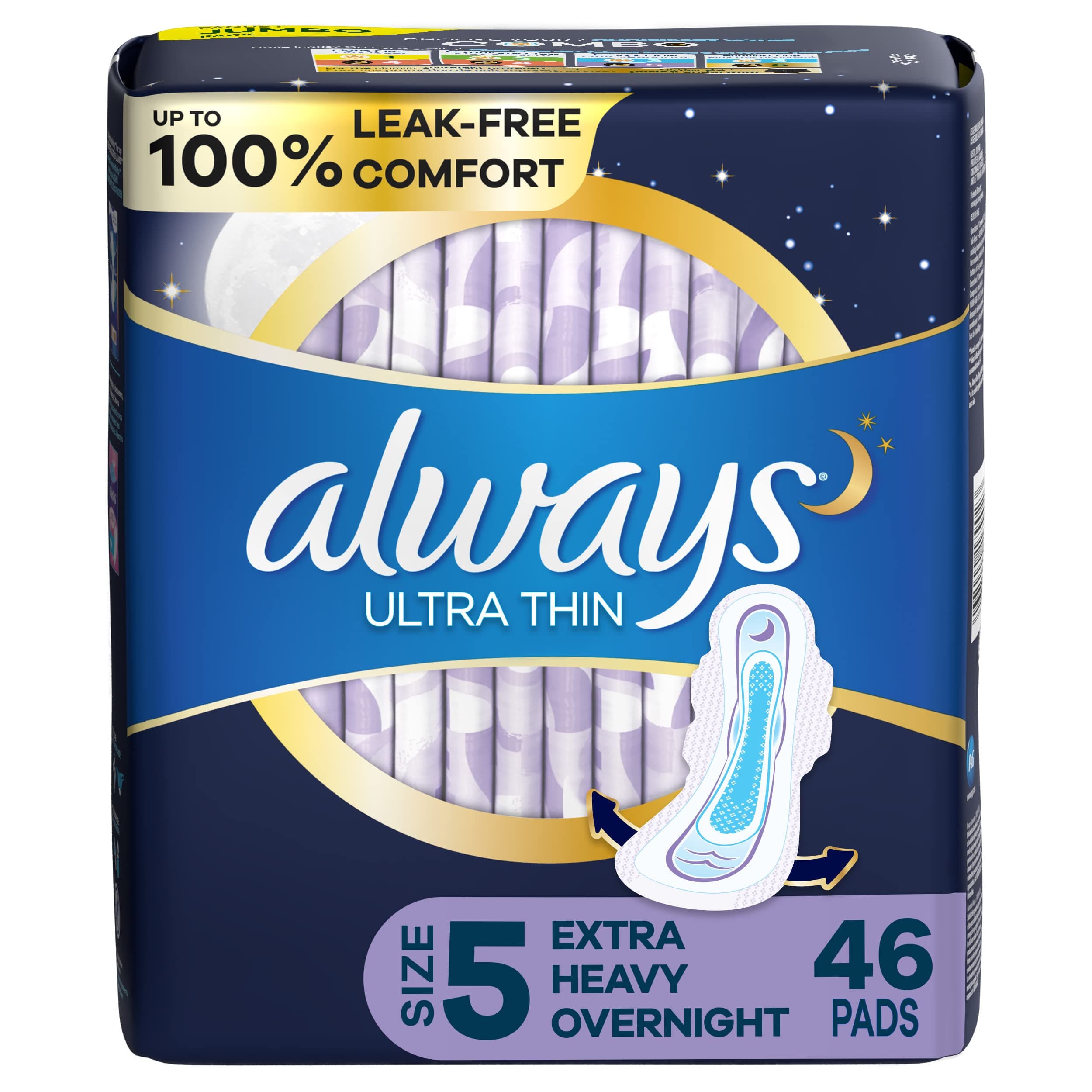 Ultra Thin Size 5 Extra Heavy Overnight Pads With Wings Unscented, 46 Count
