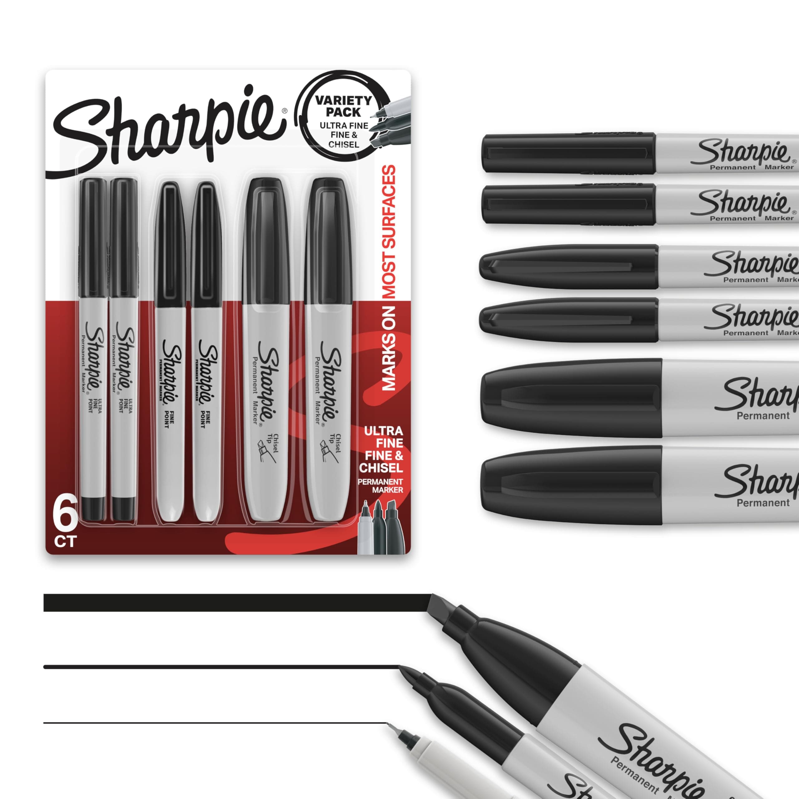 Sharpie Permanent Markers Variety Pack, Includes Chisel, Fine, and Ultra-Fine Tips, Marker Set, Writing, Coloring, Poster, Office, School Supplies, Black, 6 Count