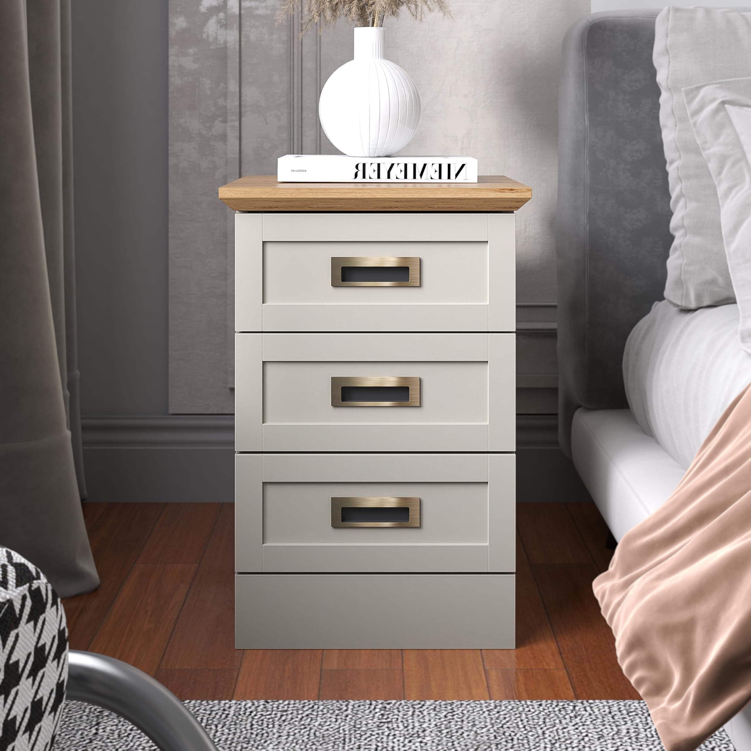 GalanoDurban 3 Drawer Bedside Table - Stylish Side Table with Storage - Nightstands Bedroom Furniture - Organizers & Storage Cabinet for Hallway, Entryway or Livingrom (Light Grey/Oak)