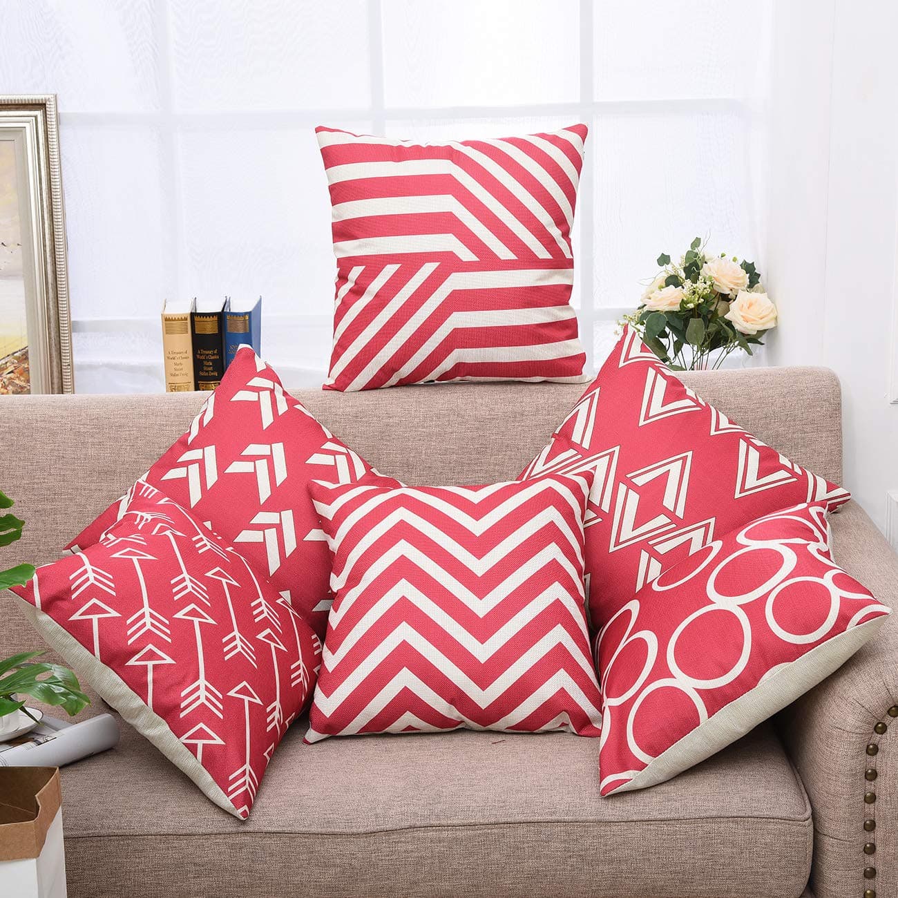 Yinnazi Modern Geometric Pattern Throw Pillow Covers Square Cushion Case for Couch Decorative Pillowcase for Home Decor Set of 6 Solid Color Red