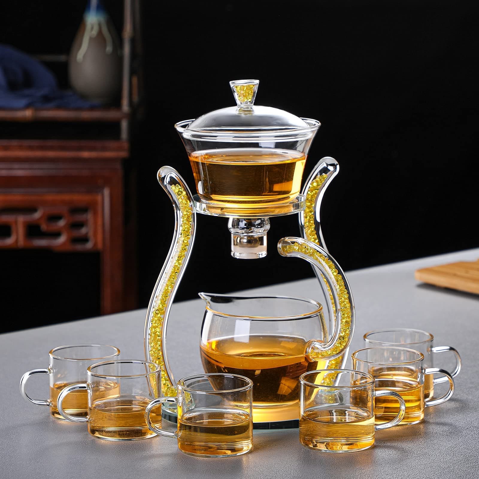 RORALazy Kungfu Glass Tea Set Semi Automatic Drip Rotating with Infuser Glass Teapot Set (6 cups)