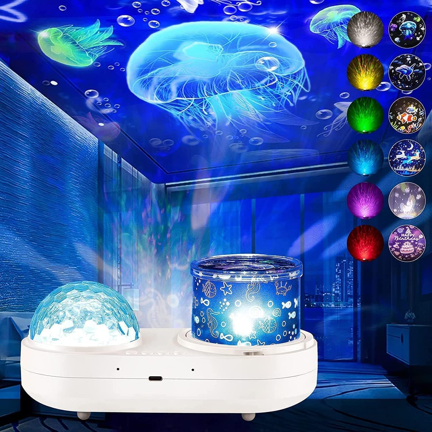 ONXE Ocean Projector Night Light, 360°Rotating Kids Night Light with 7 Films and Timer Sensory Lights, Bedroom and Ceiling Projector, Gifts for Children and Adults
