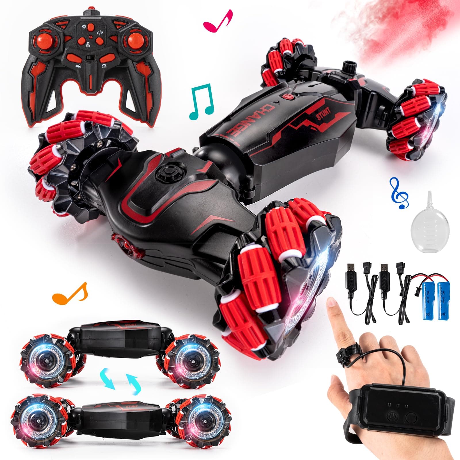 4WD Remote Control Gesture Sensor Car,Hand Controlled RC Stunt Car,Double-Sided Vehicle 360° Rotation with Light and Music Spray, Watch Toy Cars for Boys & Girls Birthday