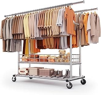 HOKEEPER Heavy Duty Clothes Rack, Rolling Garment Rack with Wheels, Double Rod with Metal Basket, for Bedroom, Living Room