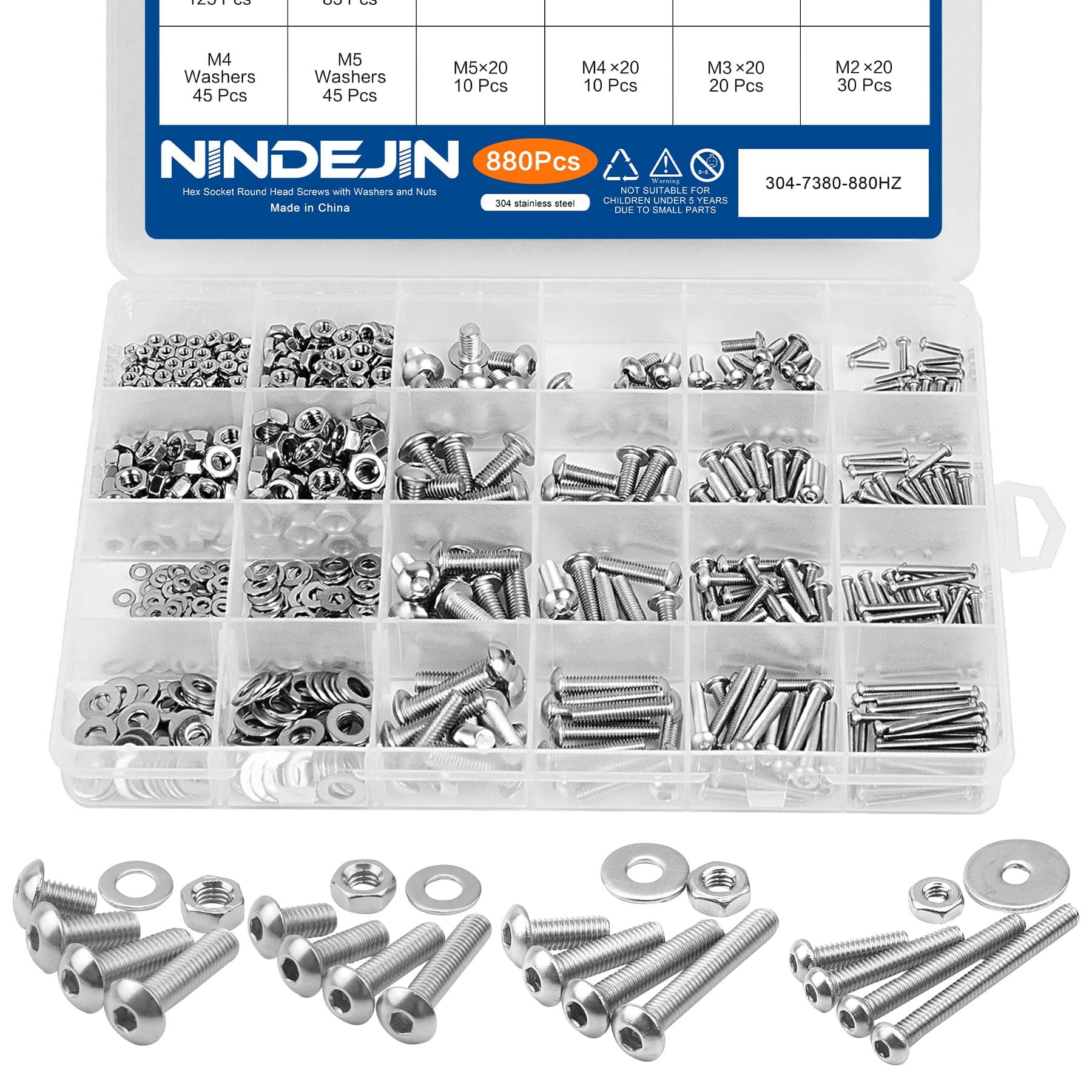 NINDEJIN 880Pcs M2 M3 M4 M5 Hex Socket Head Cap Machine Screws