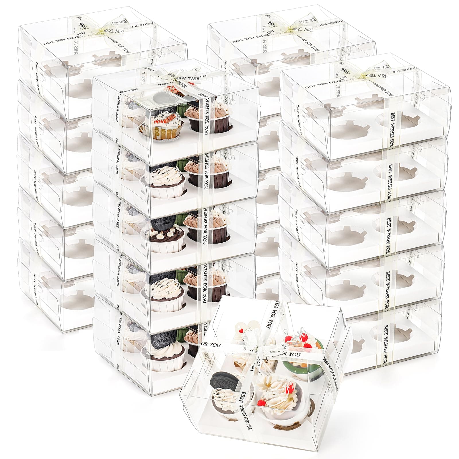 Cedilis 20 Pack Clear Cupcake Boxes with Gift Ribbon, 4 Count Plastic Cupcake Containers, Cupcake Carrier Holder for Treat Dessert Cookies Muffins Pastry Baby Shower Party