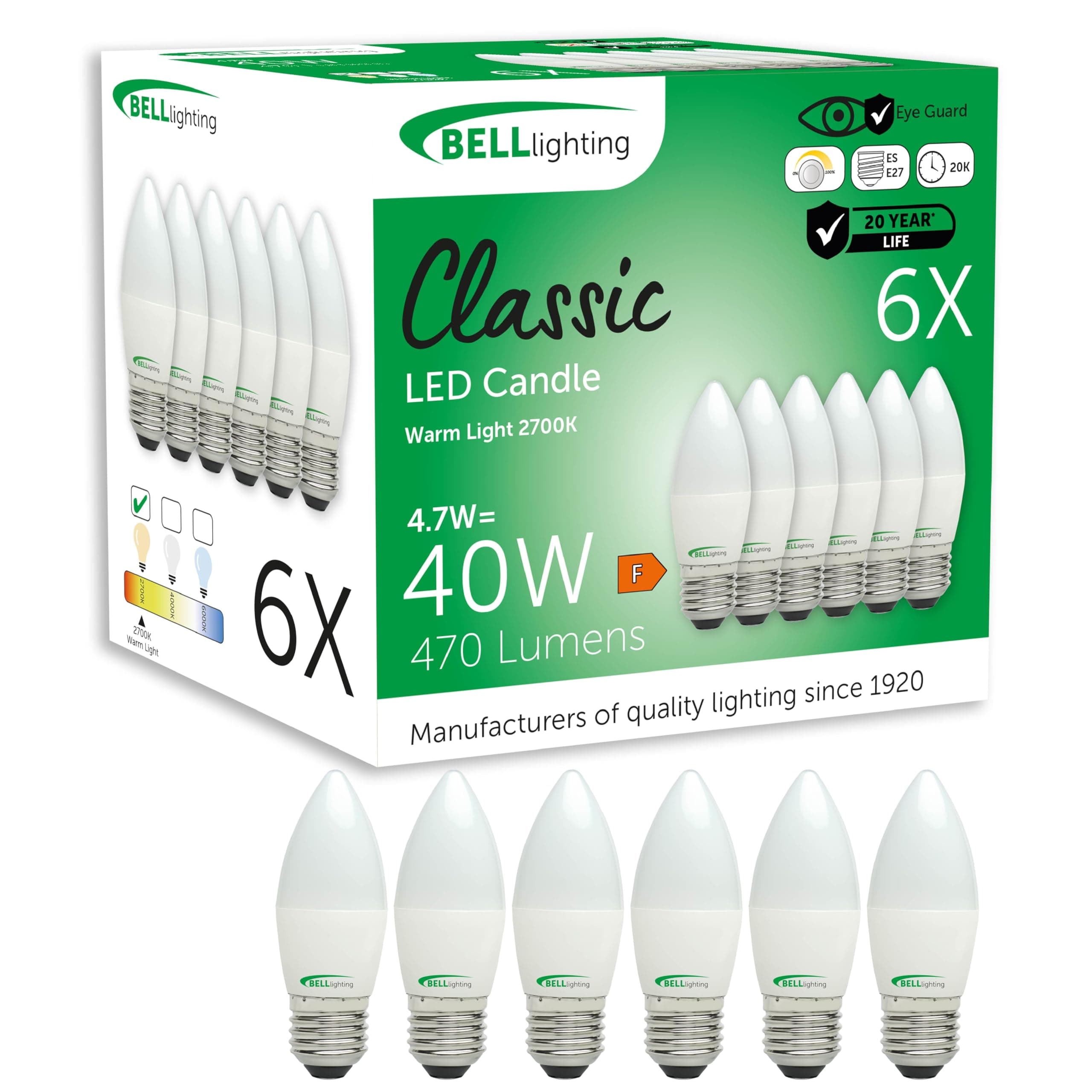 – BELL Lighting E27 Edison Screw Dimmable Light Bulb LED Candle 6 Pack | Warm White 2700K | 470 Lumen 4.7W | Energy Saving Candle LED Light Bulb | 40W Lamp Equivalent