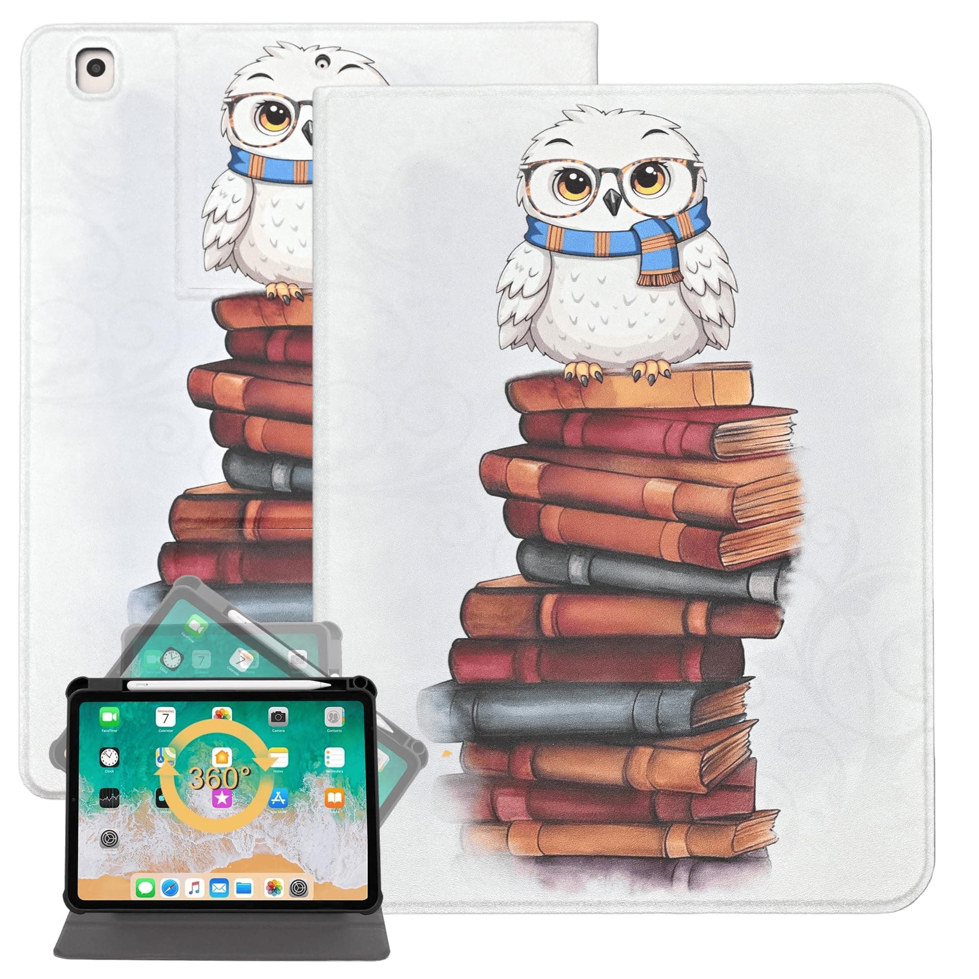 Rotating Case for iPad 9th / 8th/ 7th Generation 10.2 inch 2021/2020/2019, Premium PU Leather Folding Stand Shell TPU Back Cover with Auto Sleep Wake, Magic Owl