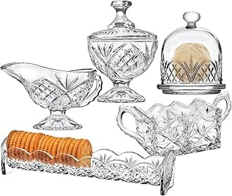 Godinger Serving Hostess Set - Butter Dish, Sugar and Creamer, Packet Holder, Cracker Tray - 5 Piece Set, Dublin Collection