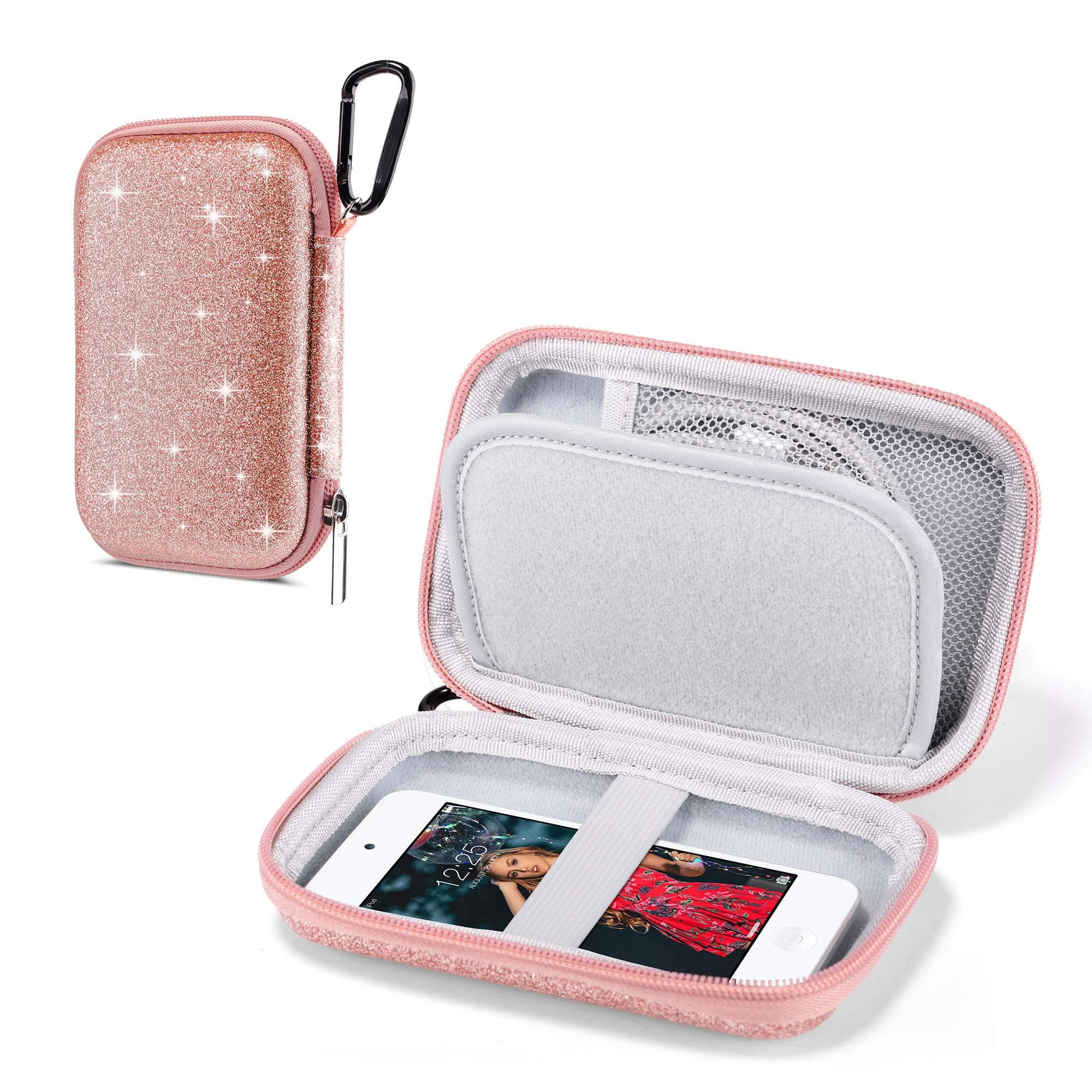 ULAK MP3 Player Case, Hard Travel Case Protective Storage Bag for Bluetooth MP3/MP4/MP5 Players/Earphones/iPod Touch/Mobile Power/USB Cable - Pink Glitter