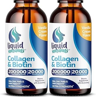 Liquid Collagen and Biotin, 2 Fl. Oz, Ultra-Strength Collagen Supplements for Women, Keto Friendly Biotin for Hair Growth Women, Nails, & Skin Vitamins B7 Collageno Peptides – Vanilla Flavor - 2 Pack
