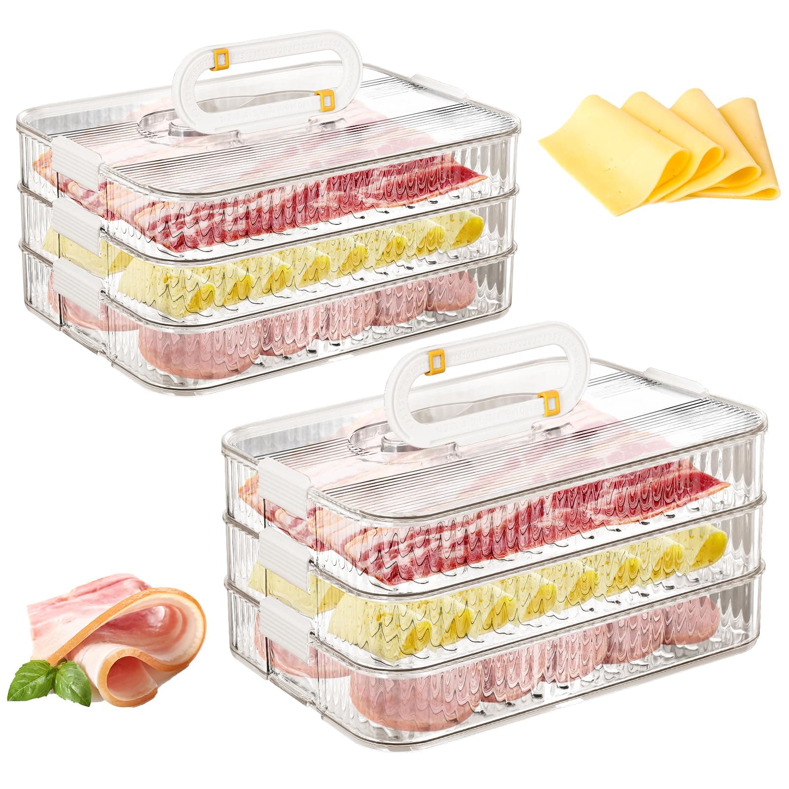Deli Meat Container for Fridge, 2Pcs Meat and Cheese Container for Fridge, 3 Layer Stackable Bacon Keeper for Refrigerator Organizers and Storage Deli Containers with Lids Cold Cut Container