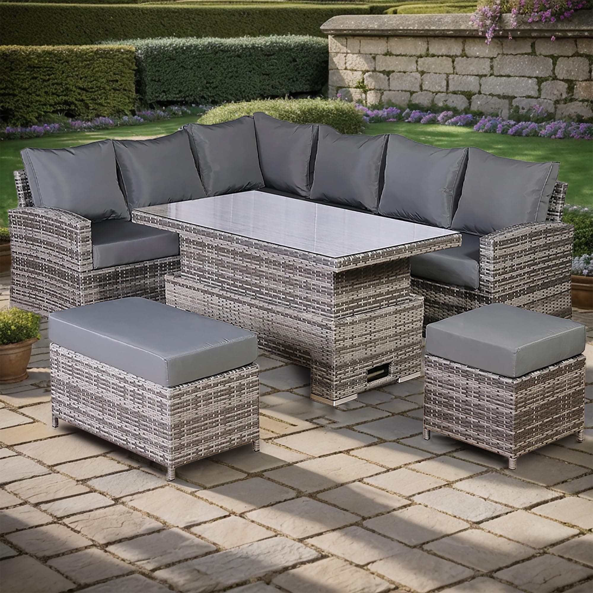 – Club Rattan Harmony High Back Left Hand Corner Sofa Set with Rising Table in Grey, 9 seater rattan garden Garden furniture