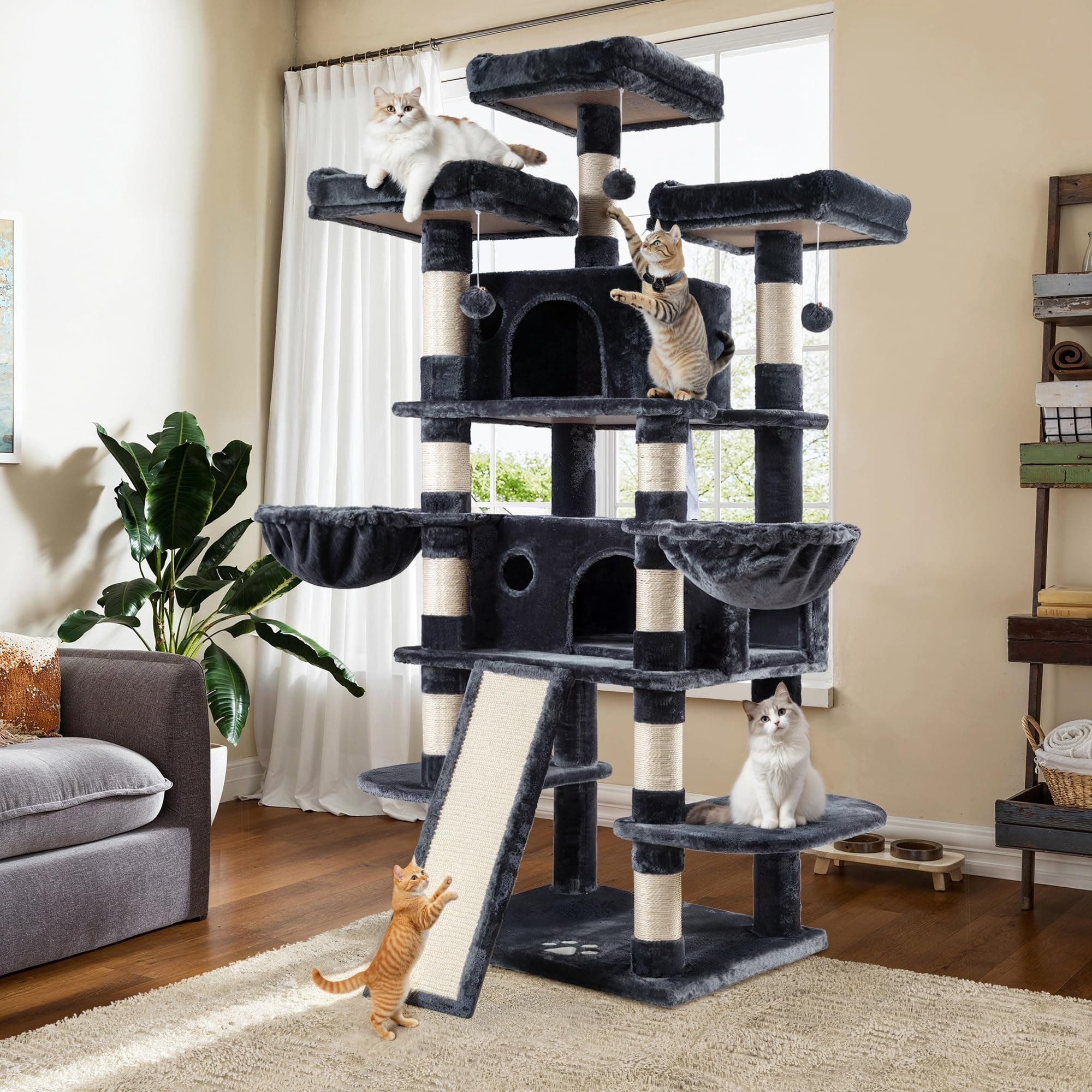 WEEWAY 68 Inches Multi-Level Large Cat Tree for Feline/Big Tower/Condo/Cozy Plush Kitty Perches/Fluffy Balls/Sisal Scratching Posts and Hammocks/Cave/Furniture Activity Center/Drak Grey