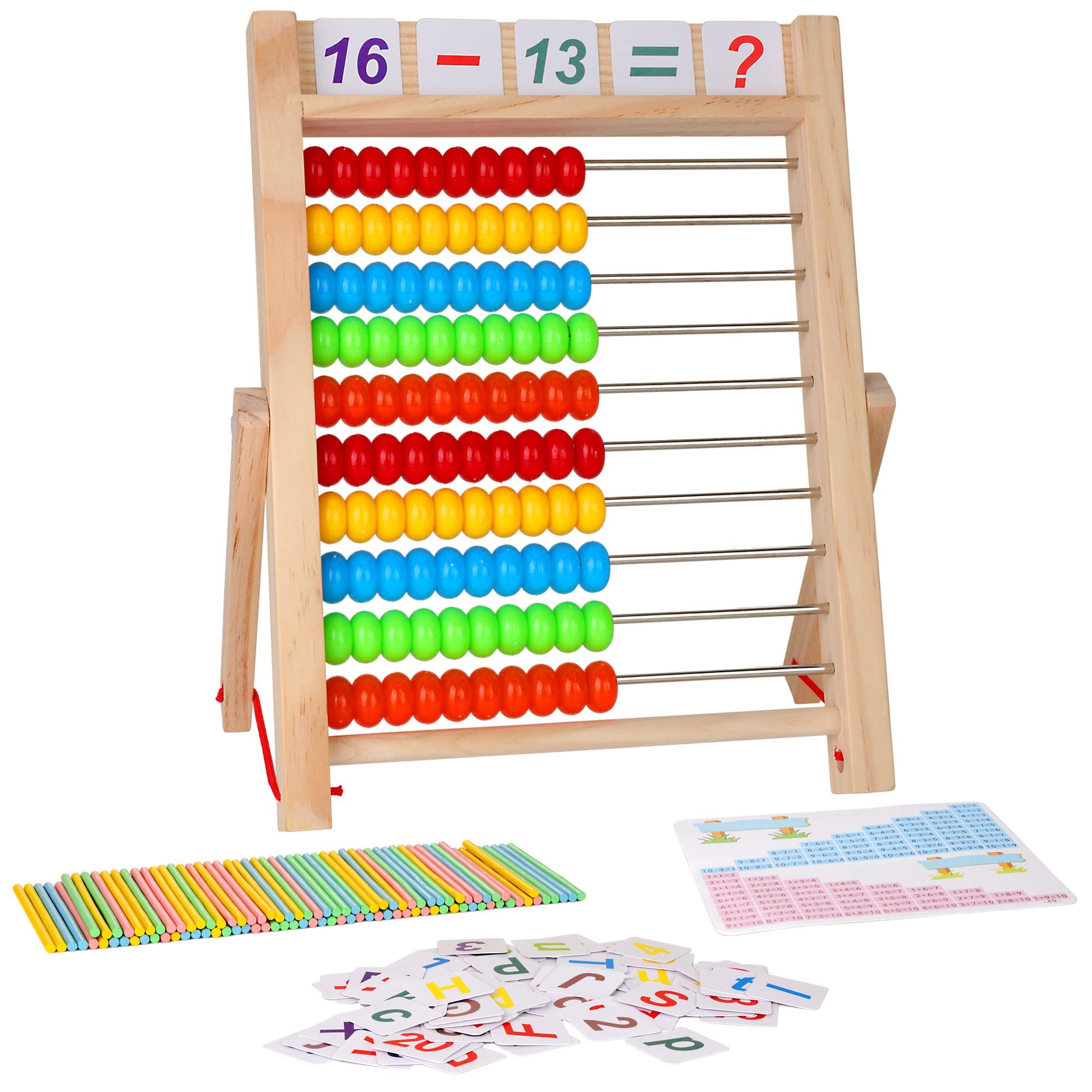 Preschool Math Learning Toy,10-Row Wooden Frame Abacus with Multi-Color Beads, Counting Sticks, Number Alphabet Cards, Gift for 2 3 4 5 6 Years Old Toddlers Boys Girls