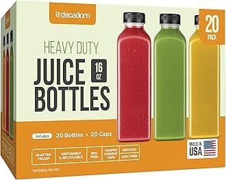 DECADORN 16oz 20pcs Juice Bottles With Caps - MADE IN USA Juice Containers With Lids For Fridge - Juicer Bottles With Tamper Evident Caps, Shatterproof, BPA-Free, Leak proof, Disposable & Recyclable