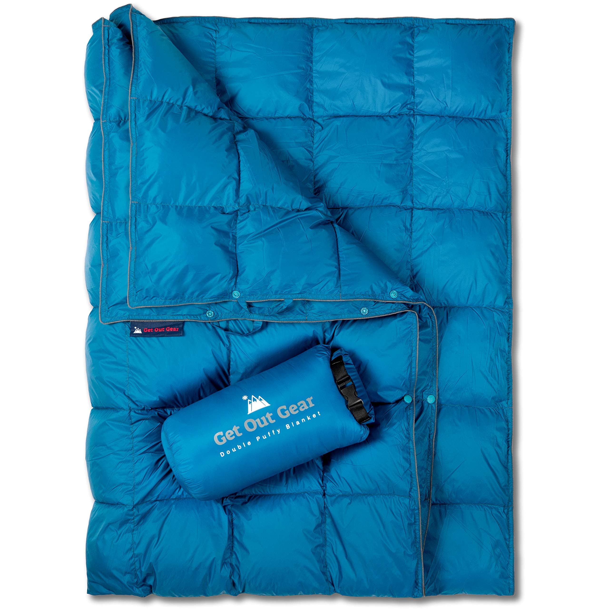 Double Puffy Camping Blanket - Extra Puffy, Packable, Lightweight and Warm | Ideal for Outdoors, Travel, Stadium, Festivals, Beach, Hammock | Water-Resistant Camp Quilt (Teal Blue/Gray)
